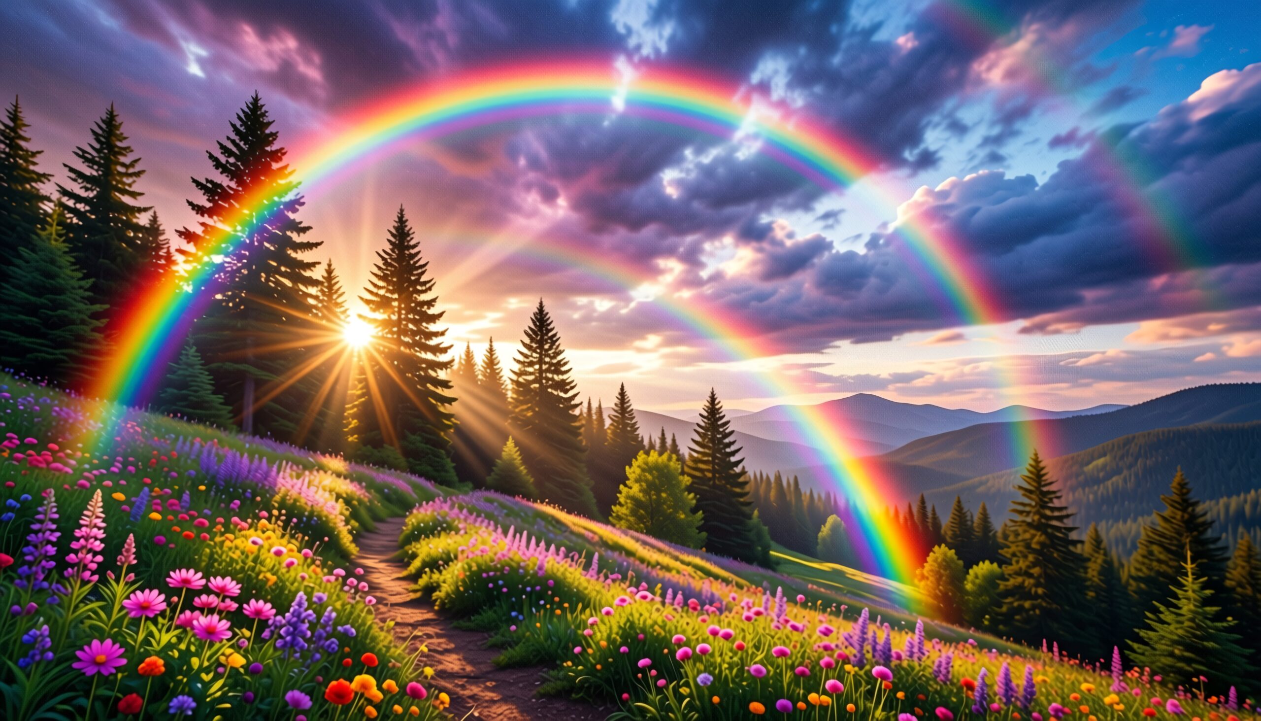 A radiant rainbow arches over a vibrant forest and flower-filled meadow during a picturesque sunset, offering a serene and colorful view.