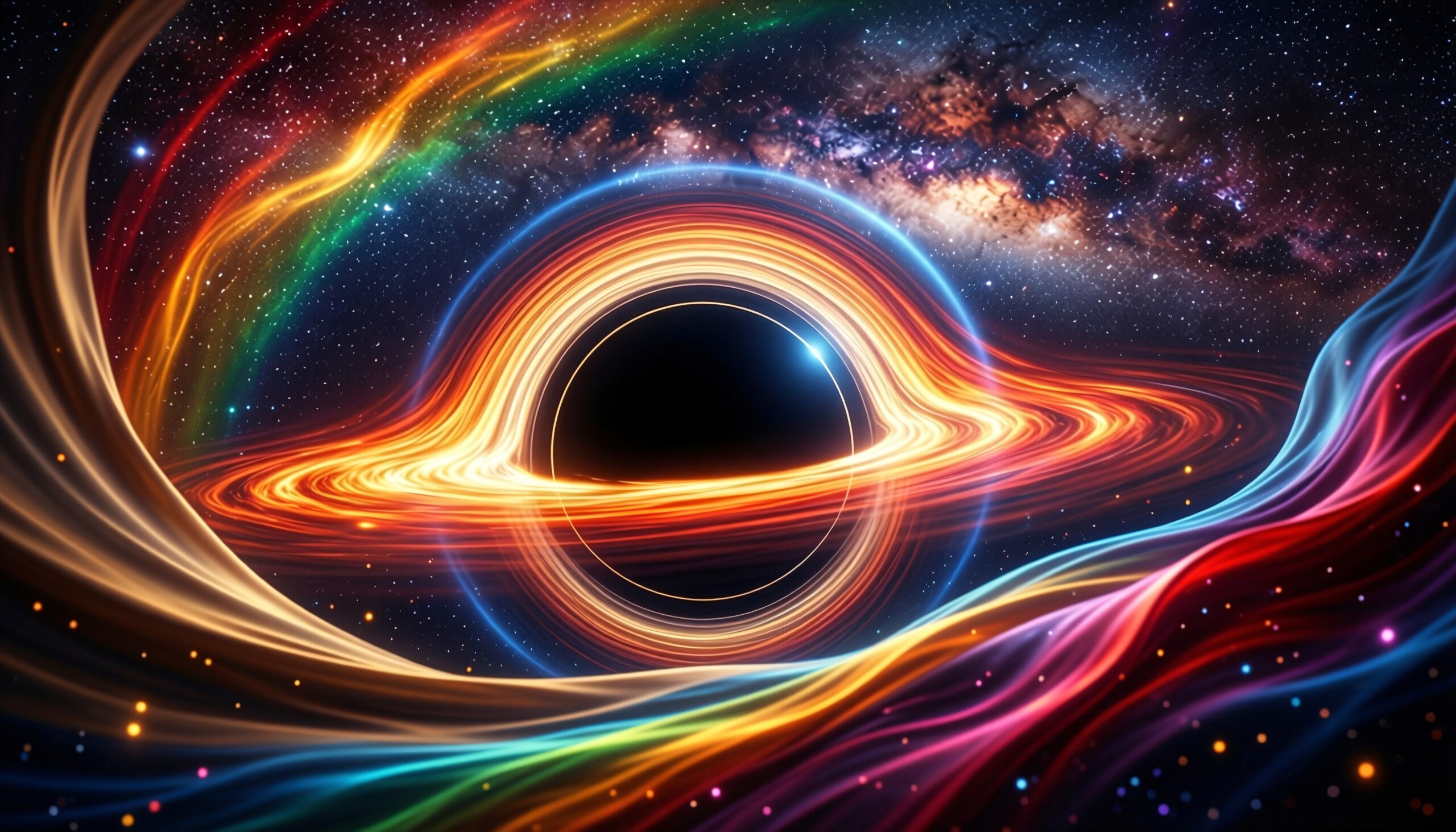A colorful cosmic scene featuring a swirling black hole surrounded by vibrant, radiant light waves and a starry backdrop.