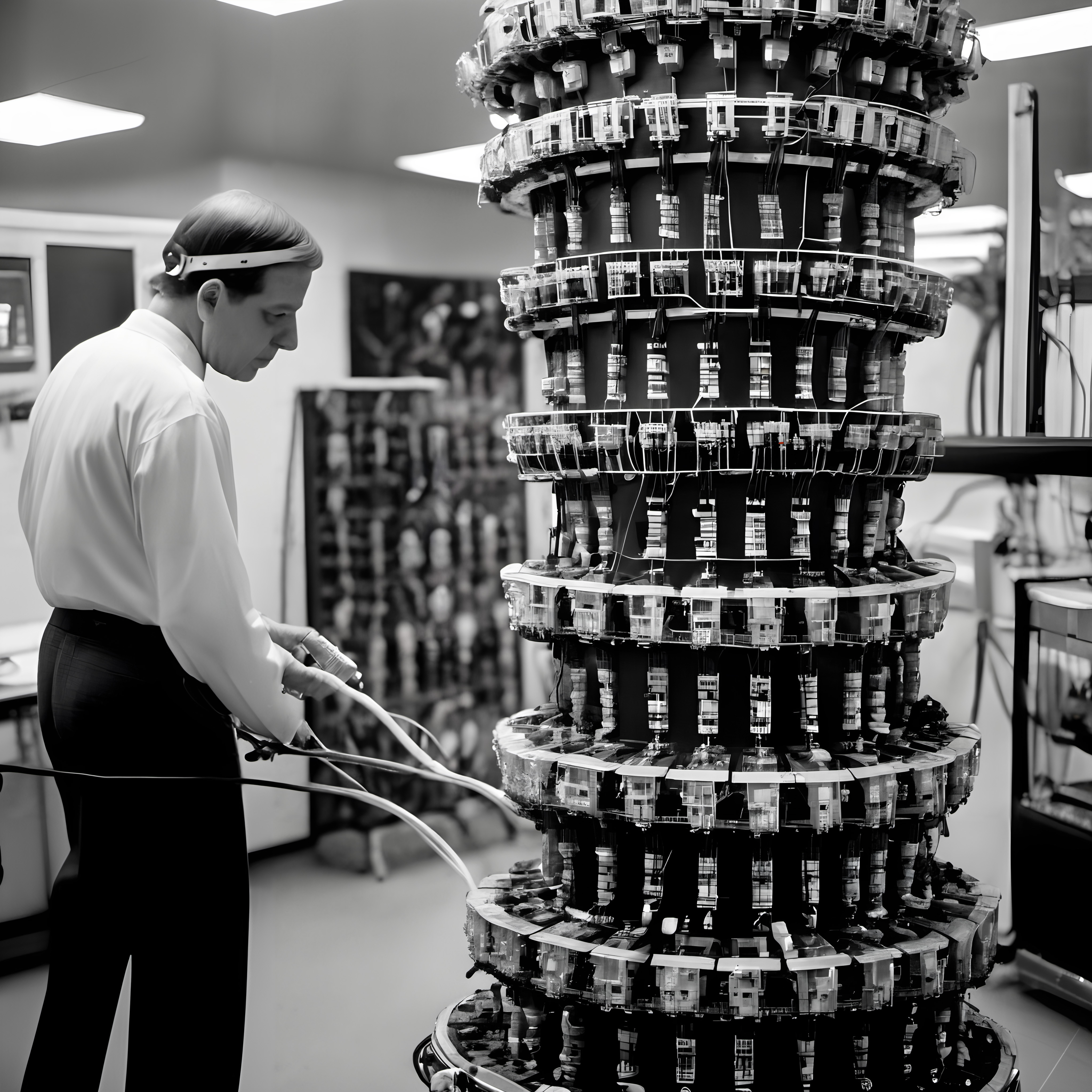 A researcher inspects a complex machine in a laboratory setting.