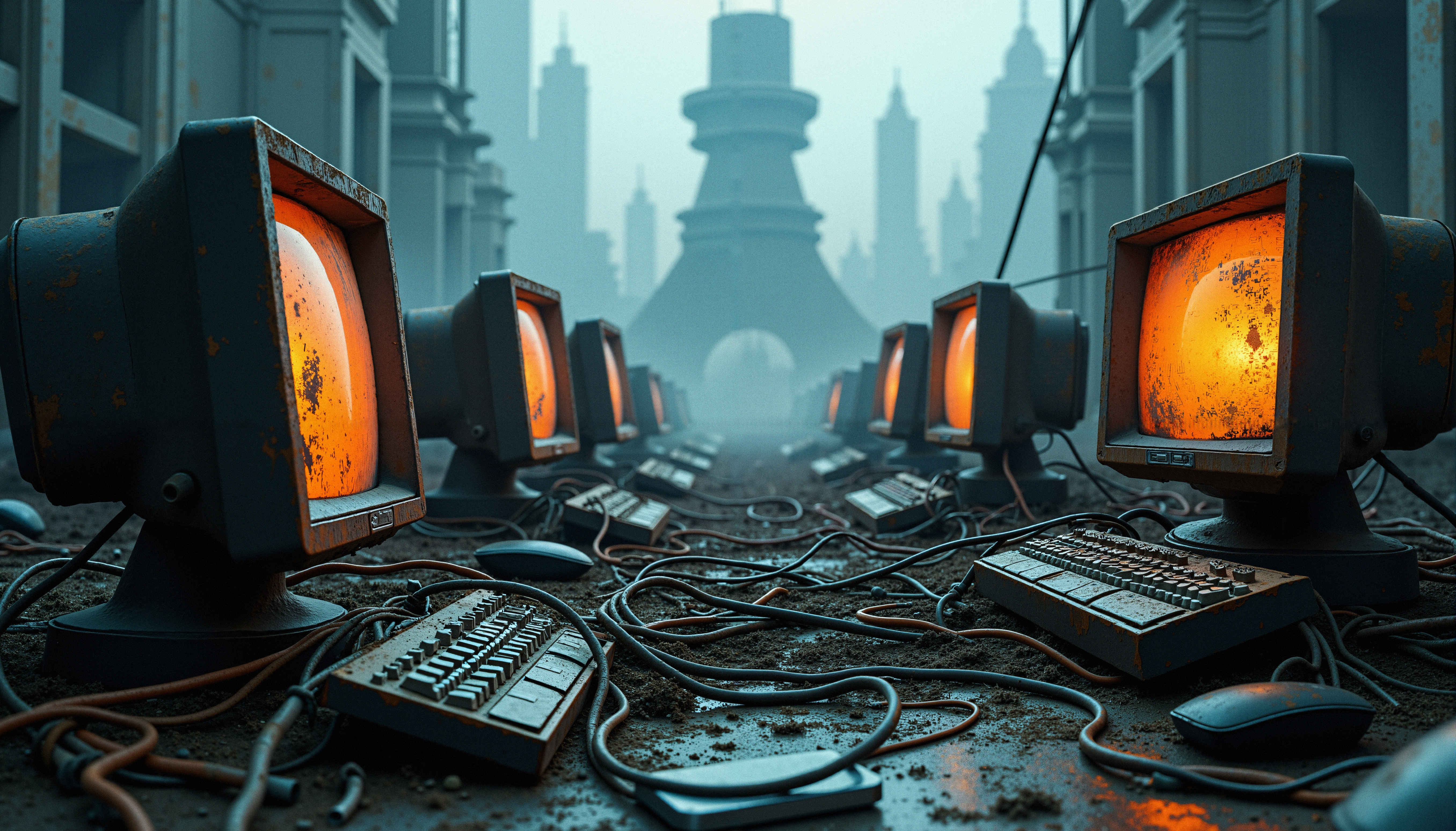 A row of rusted vintage computers glowing in a futuristic cityscape.