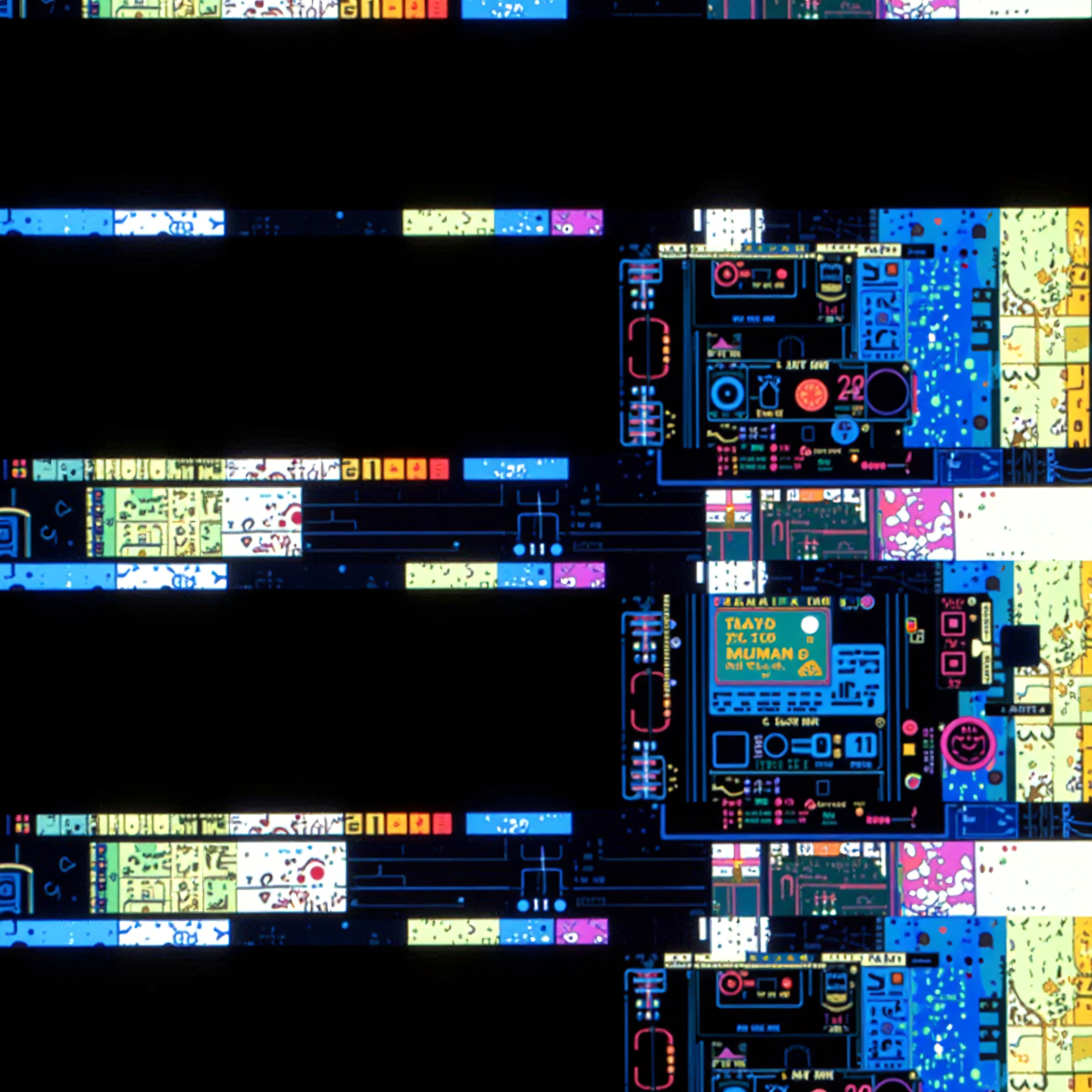 Intricate digital circuit board design with vibrant colors and futuristic elements.