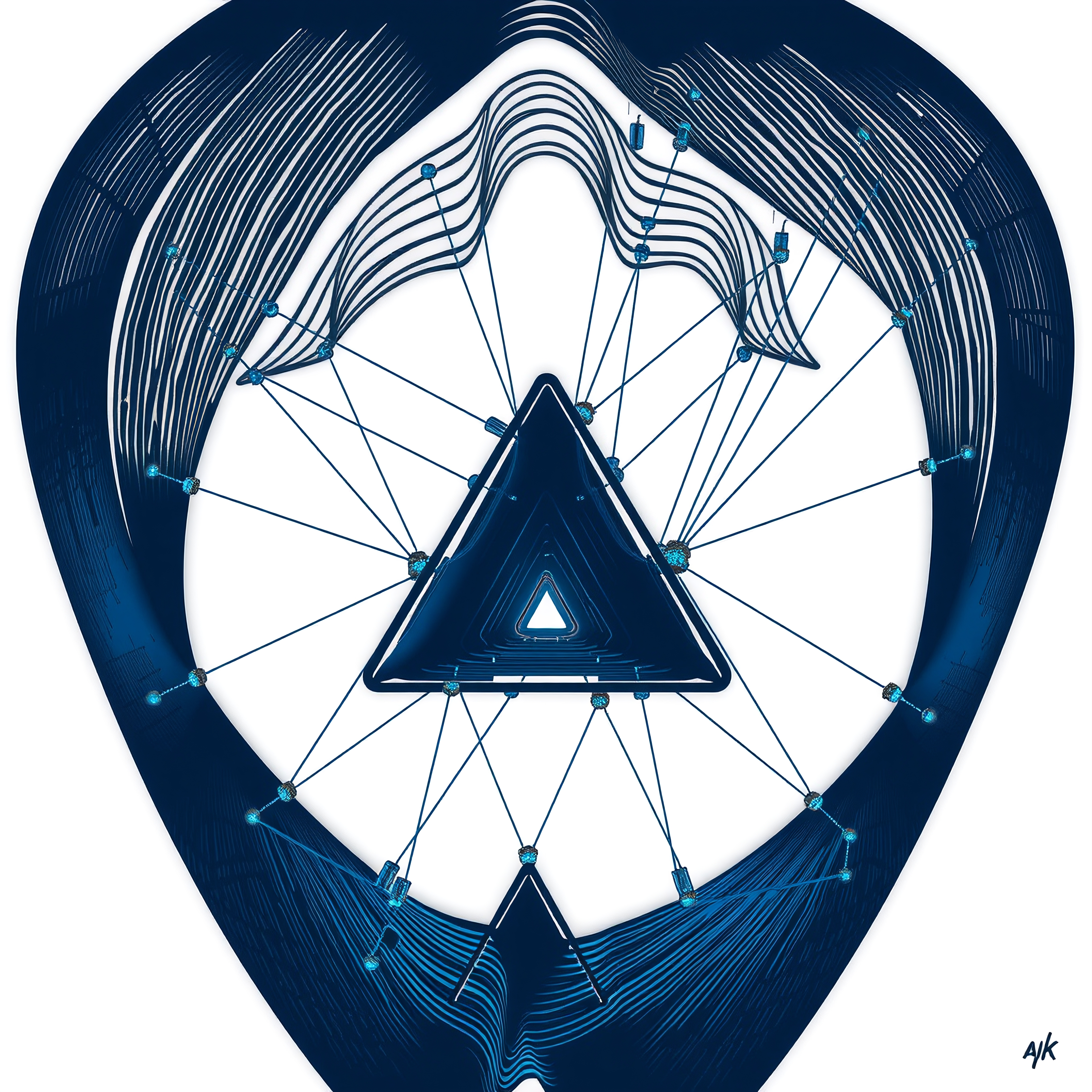 Abstract geometric design with interconnected triangular shape in blue tones.