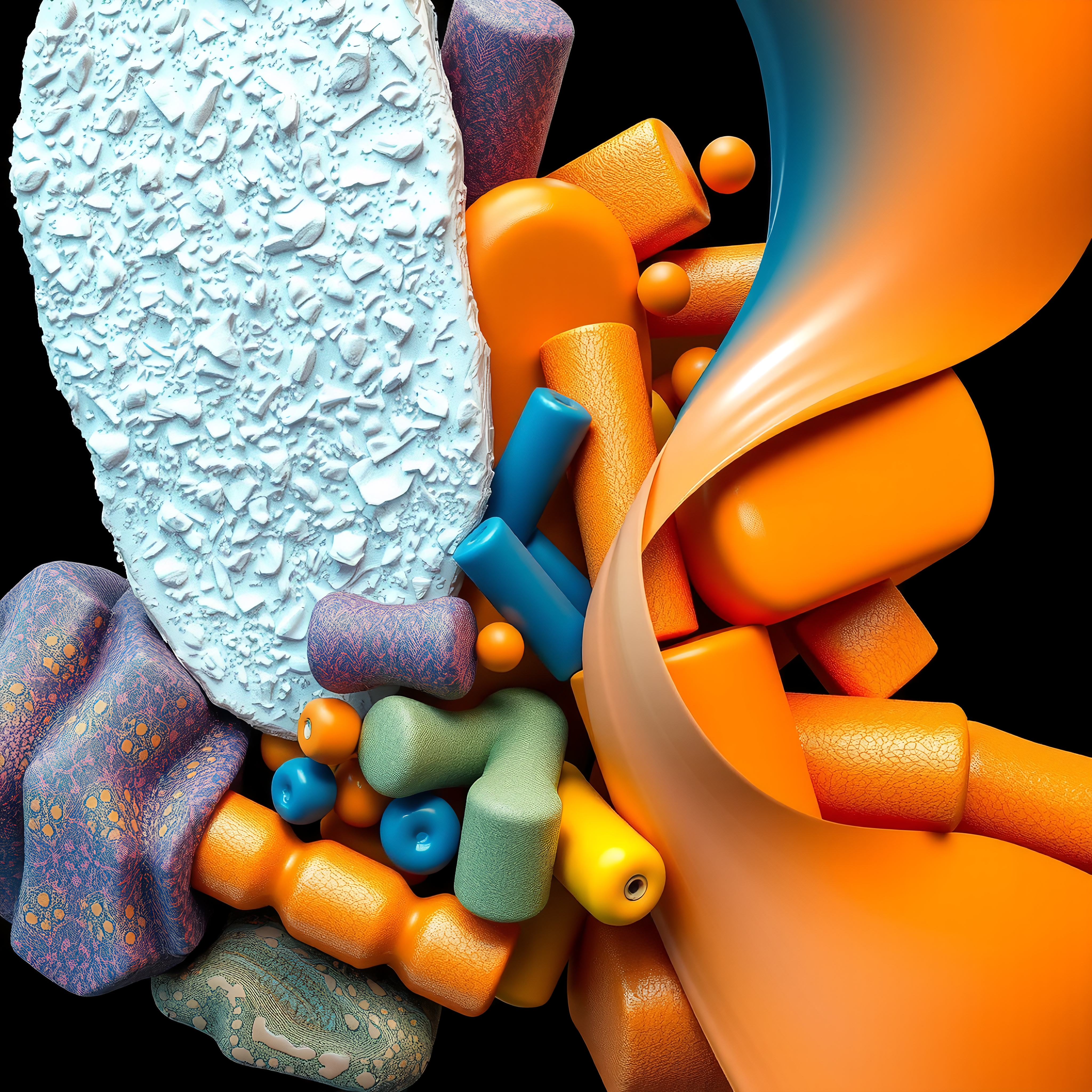 Colorful abstract digital artwork, geometric shapes with textured surfaces and dynamic orange, blue, and white elements.