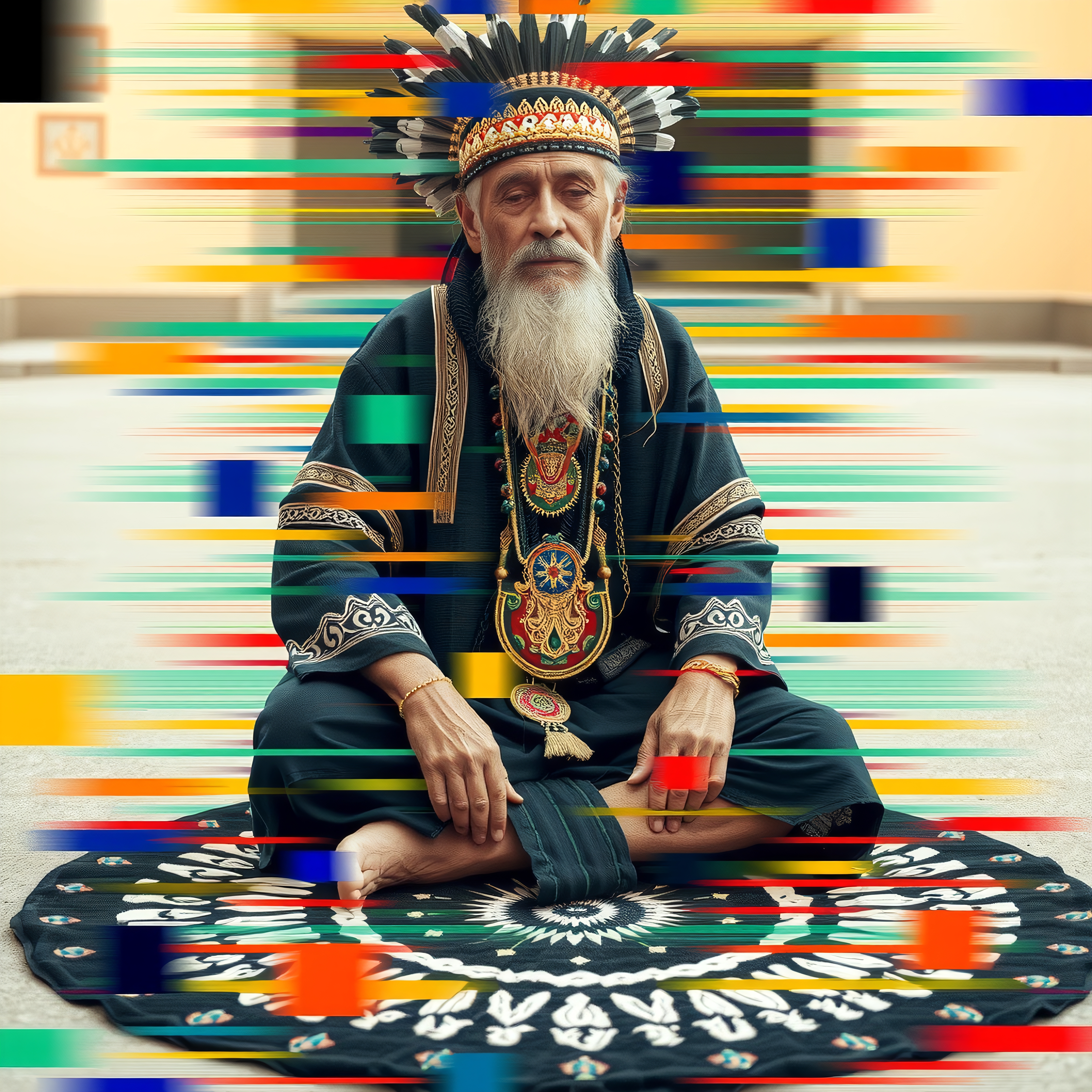 Elderly man in ornate headdress seated on patterned mat with colorful motion blur.
