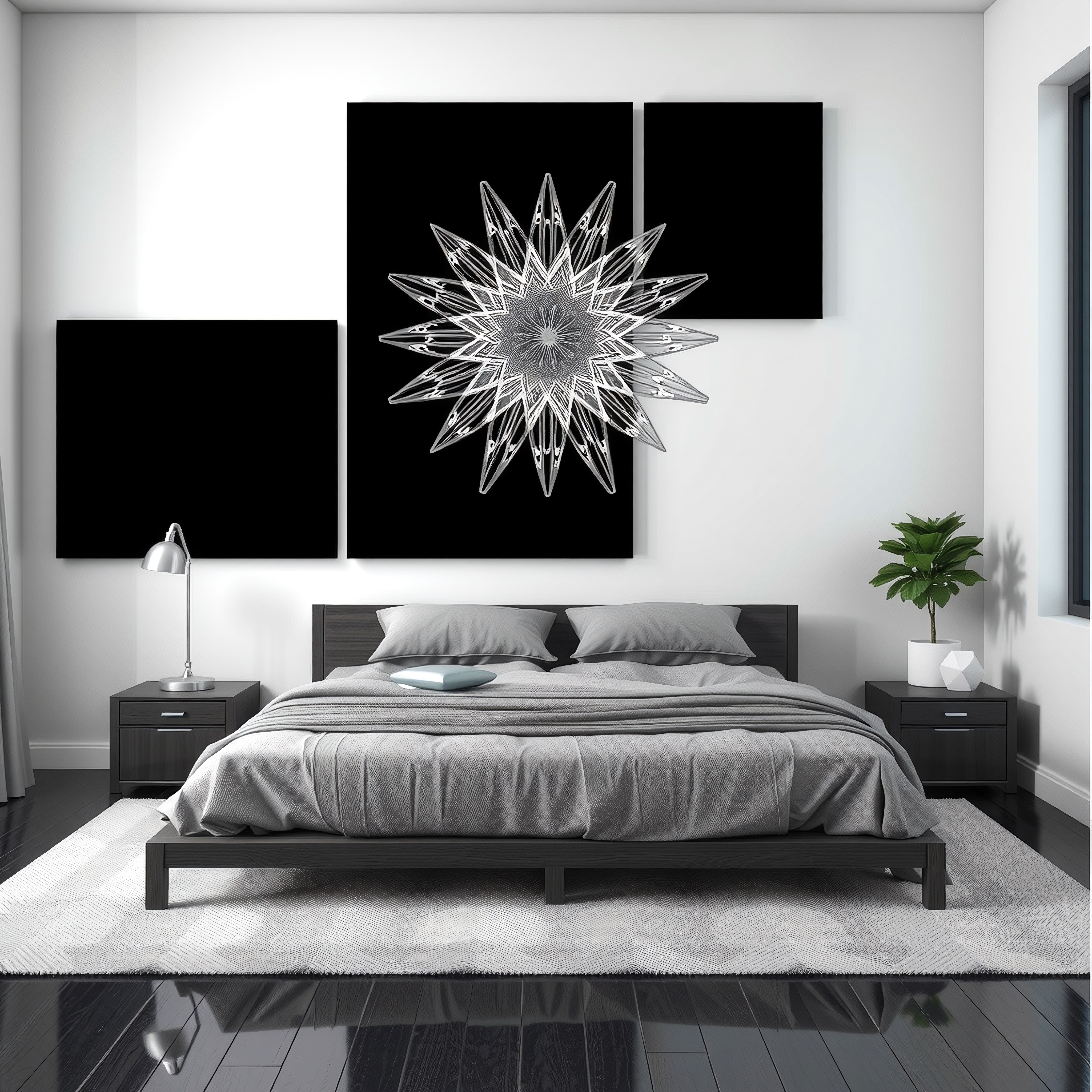 Modern minimalist bedroom with geometric star artwork.