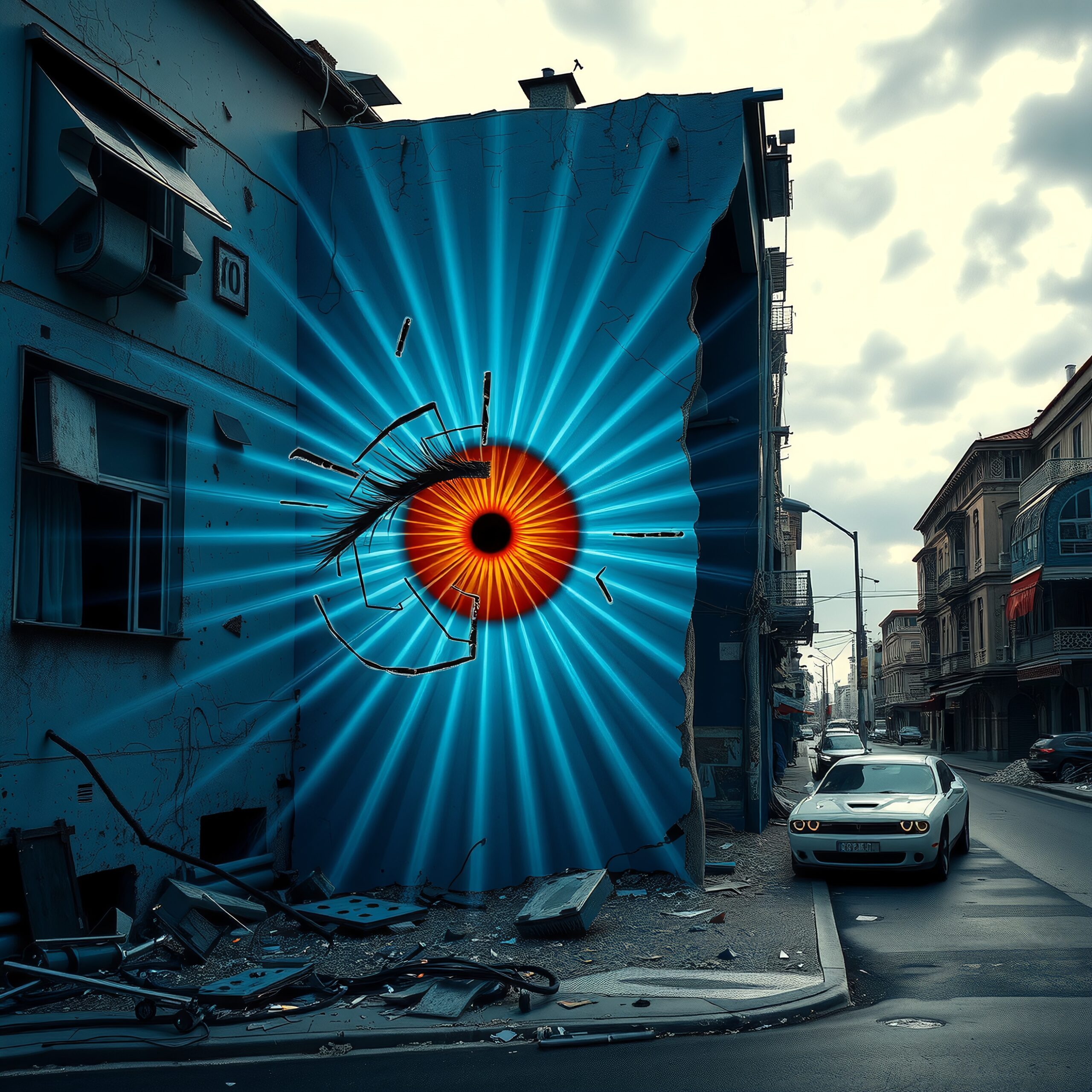 A surreal street with a vibrant eye mural on a building.