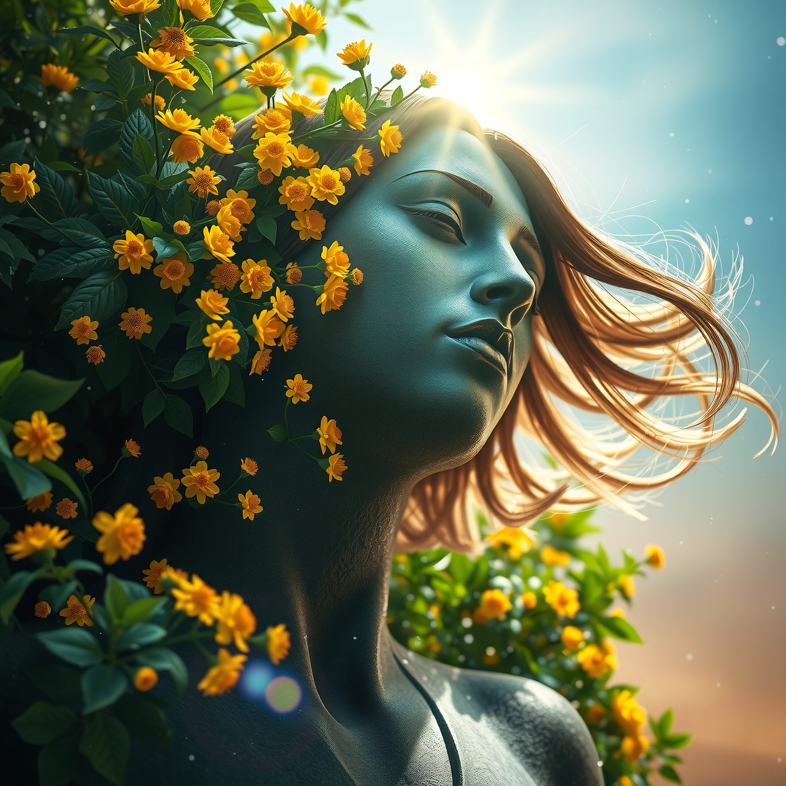 Digital artwork of a serene figure intertwined with vibrant yellow flowers, bathed in warm sunlight.
