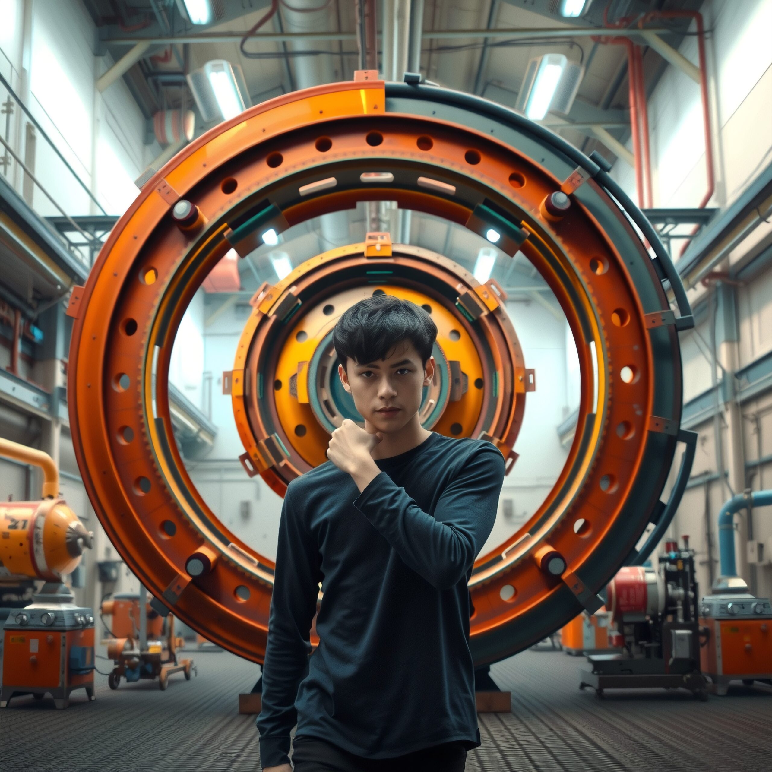 A young man stands confidently in an industrial setting with large orange mechanical rings in the background, providing a modern, futuristic feel.