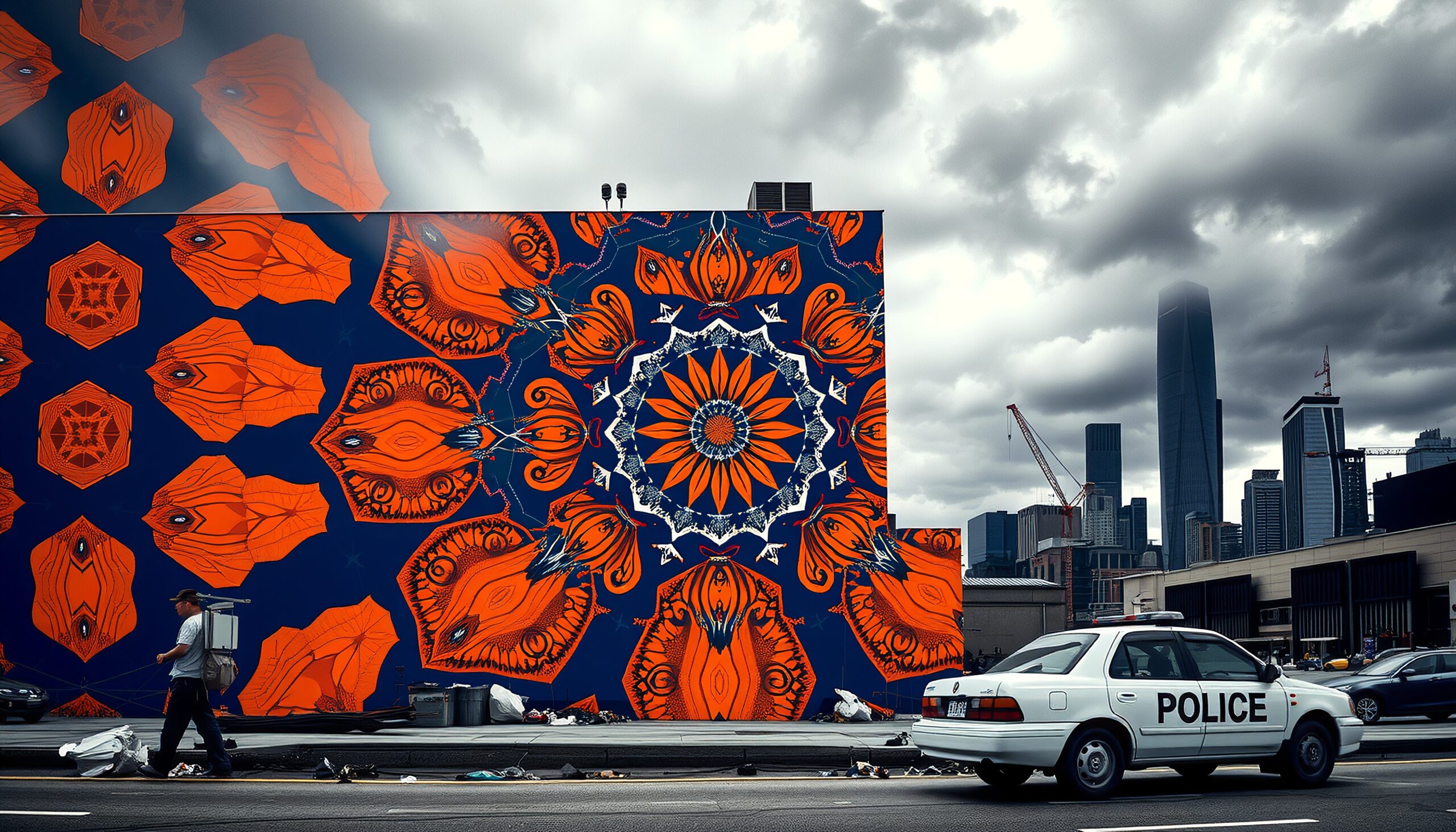 A vibrant street mural against an overcast city skyline, highlighting urban art.