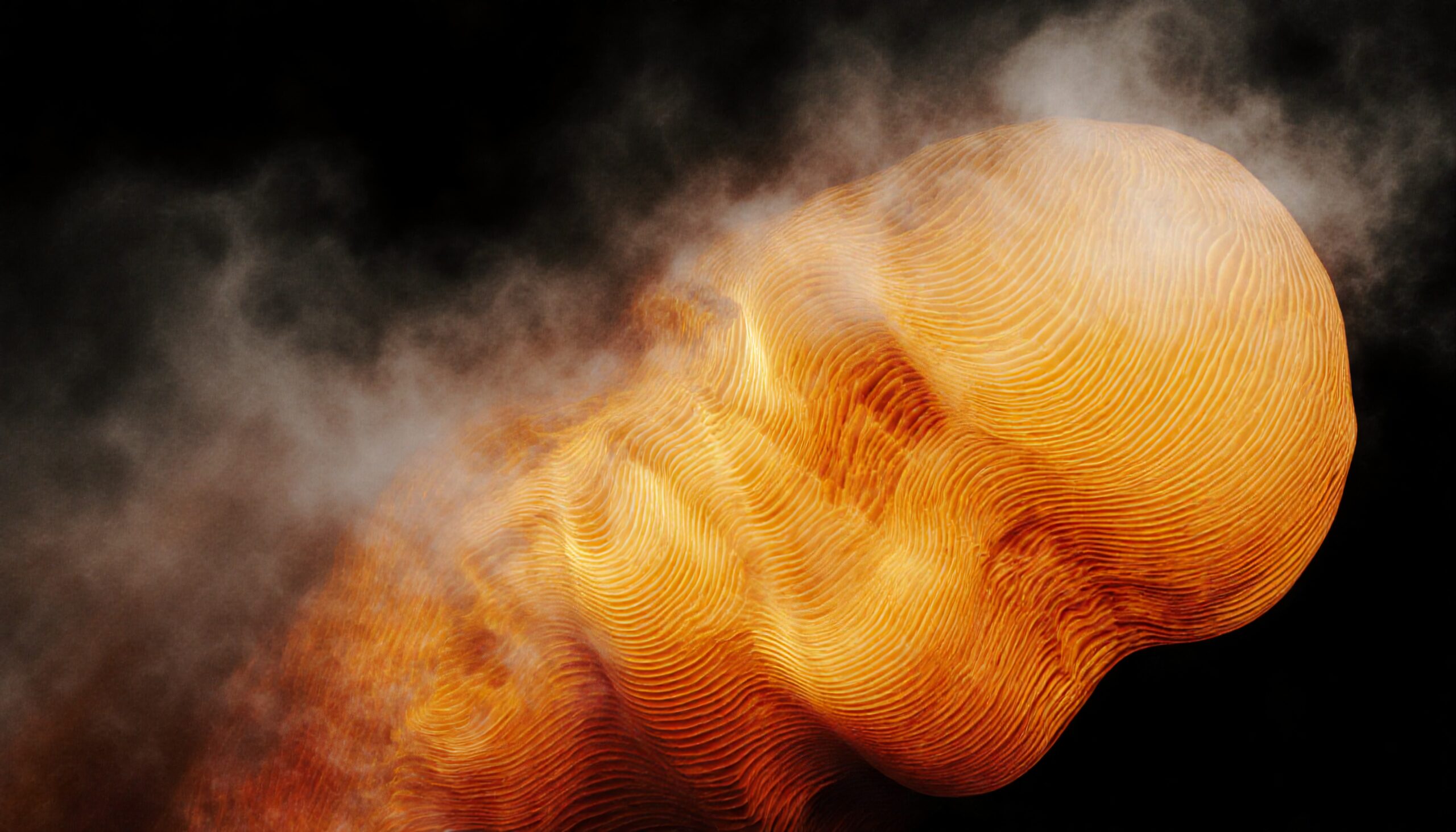 Abstract formation with golden lines against a dark background surrounded by smoky mist.