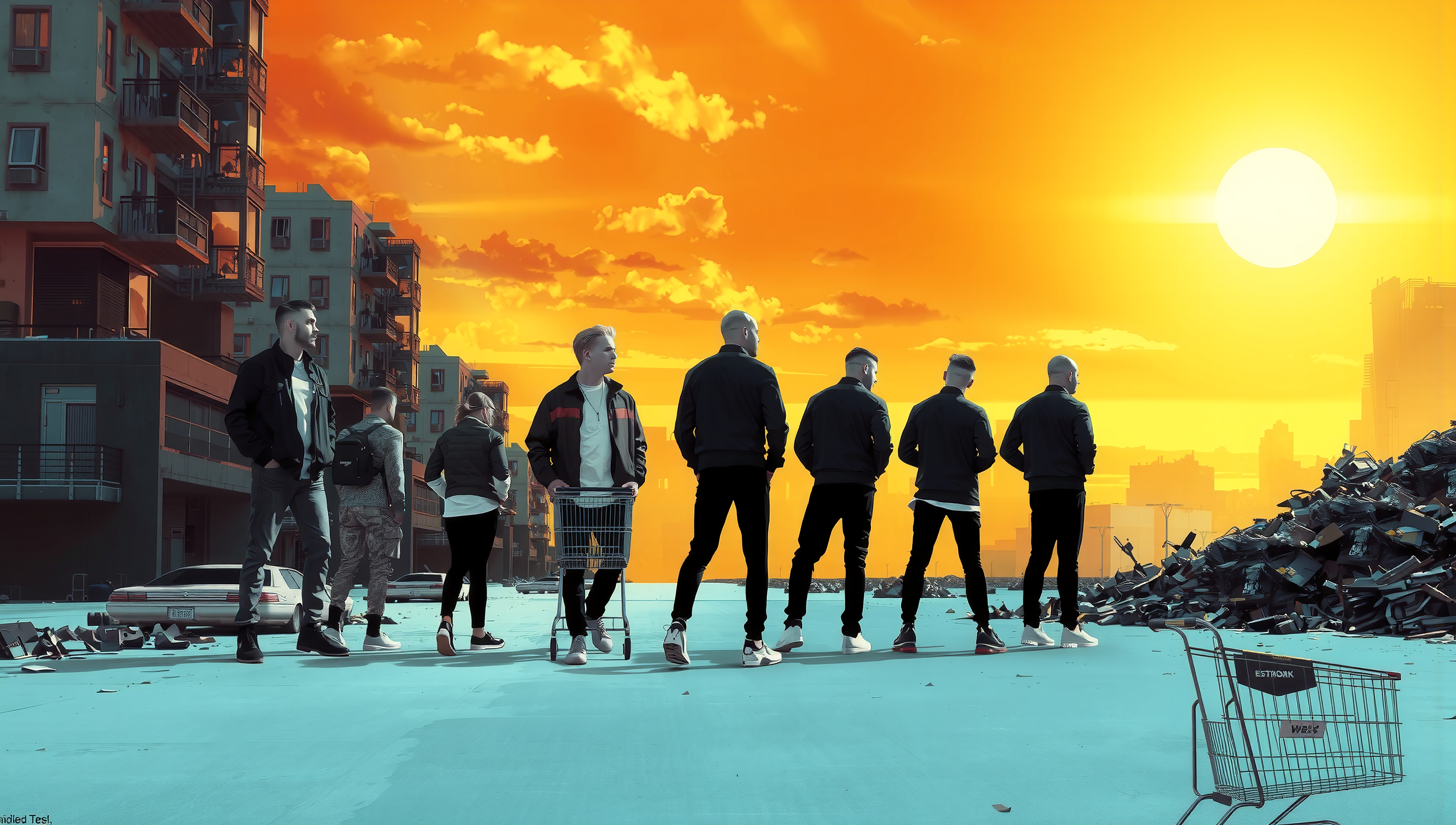 Silhouetted group under vivid sunset in urban setting.