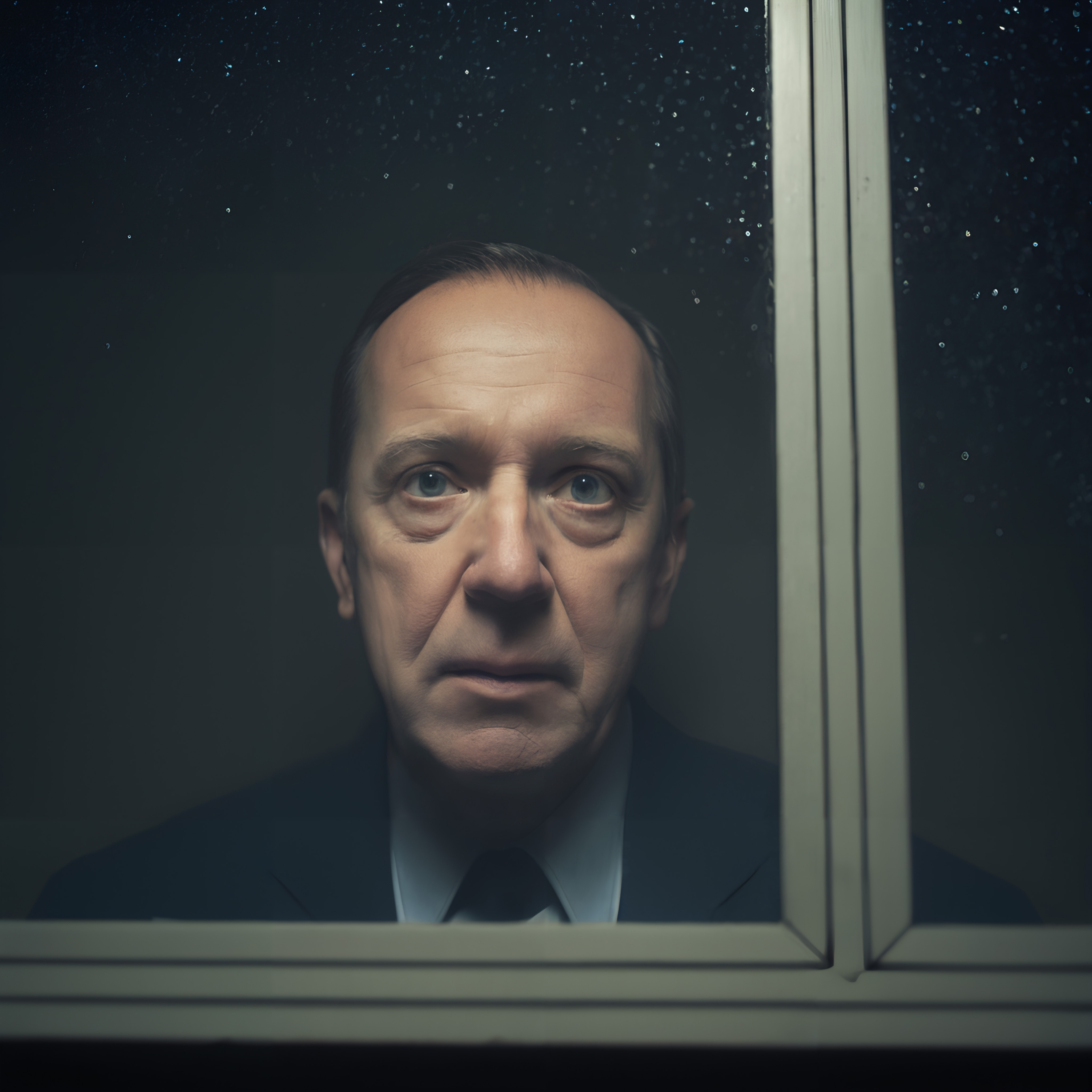 Middle-aged man looking through rain-speckled window, wearing dark suit, with serious expression, evoking introspection and melancholy.