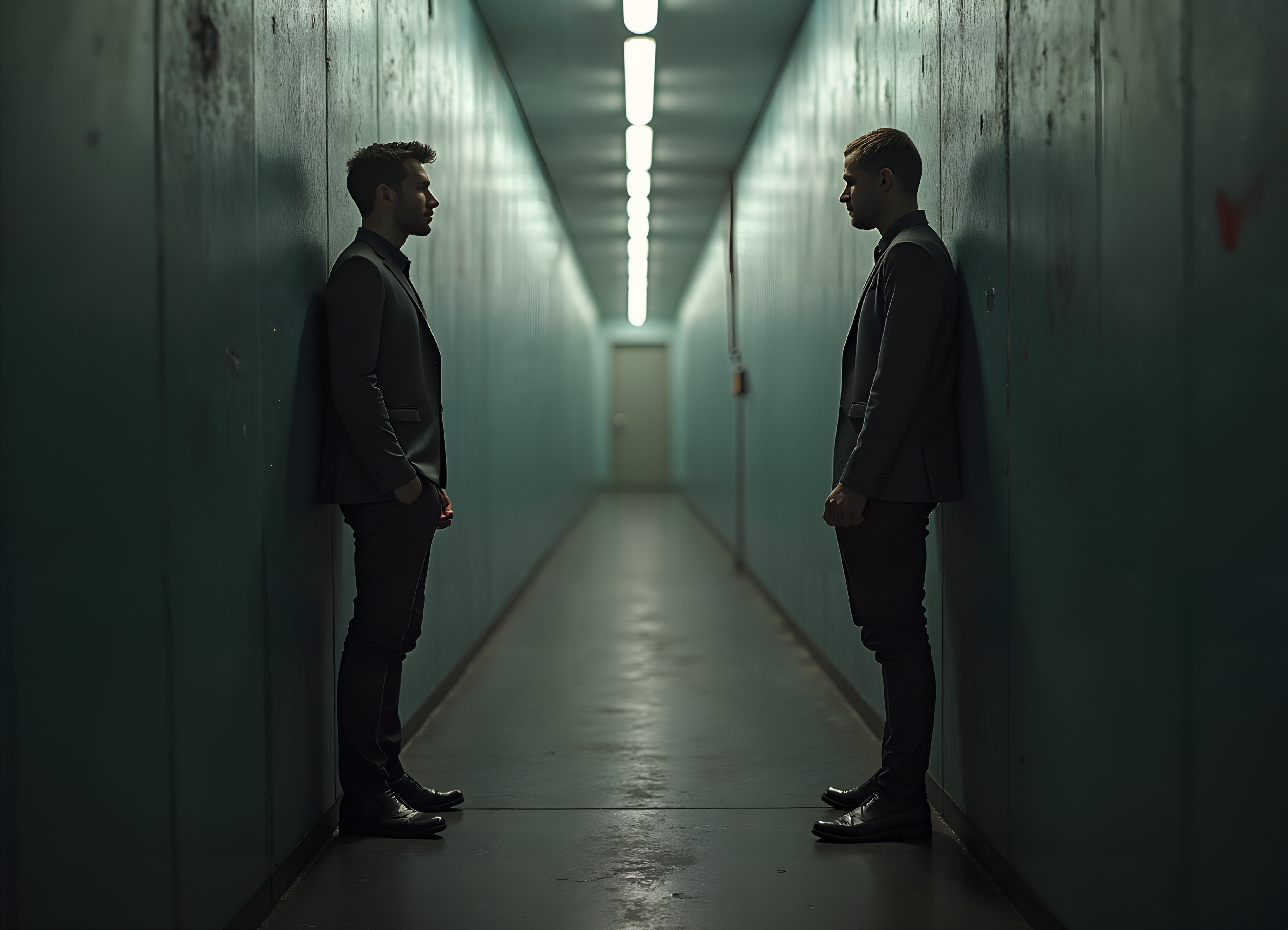 Two men in suits stand facing each other in a narrow, dimly lit corridor with cool tones and dramatic lighting.