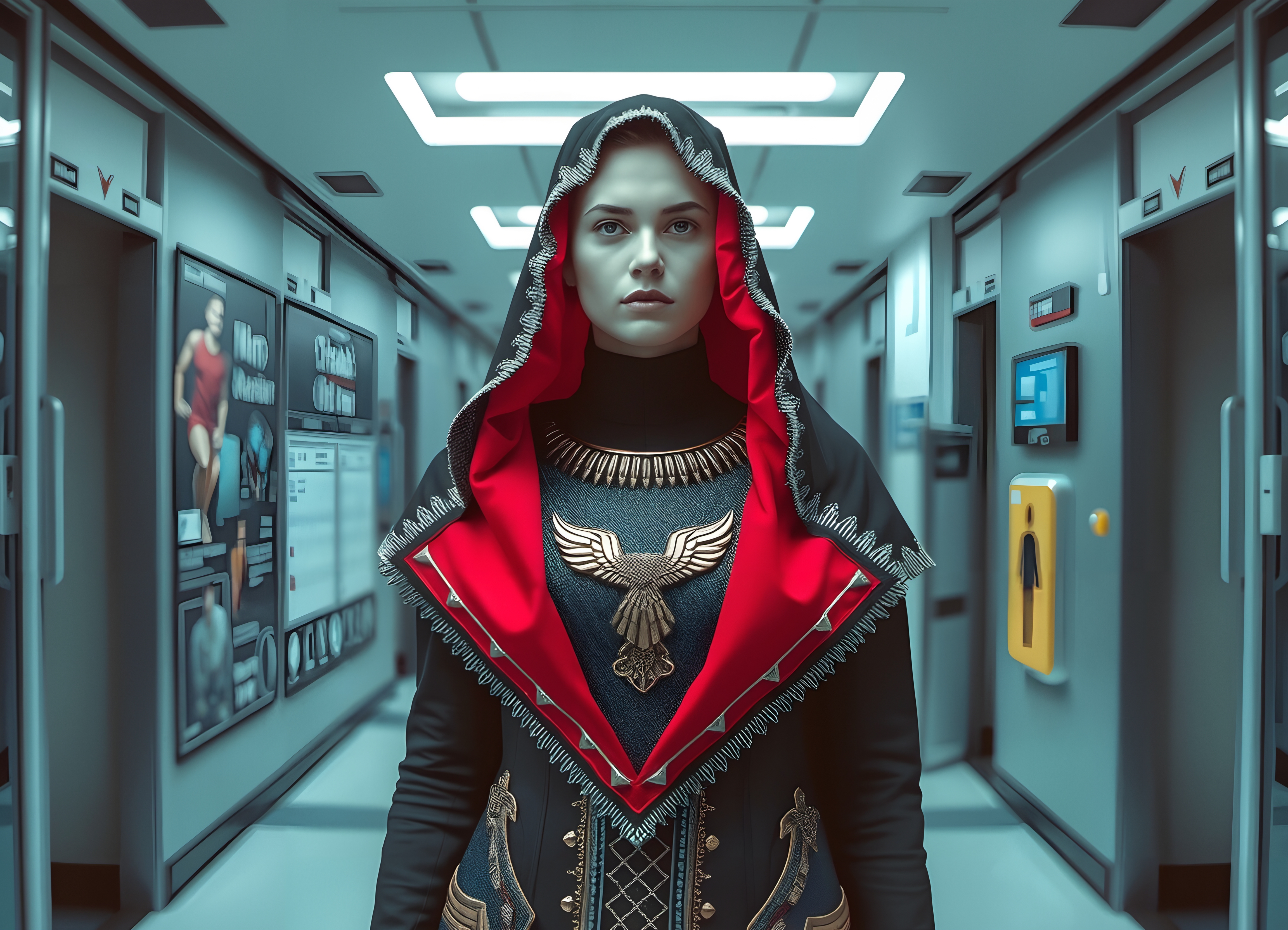 A person in ornate red hooded garment stands in a futuristic corridor with digital panels.