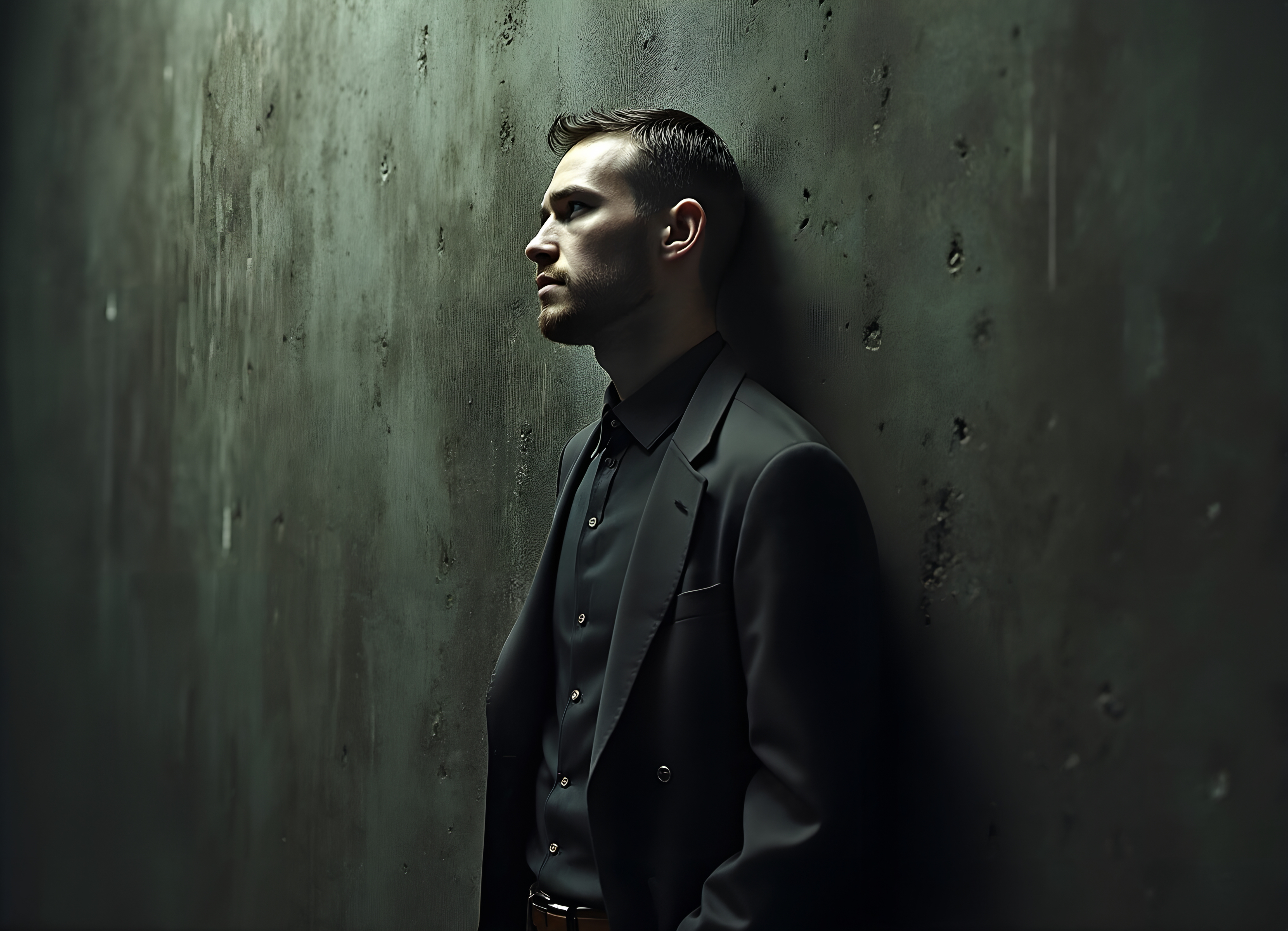 A contemplative man in a dark suit leans against a textured wall.