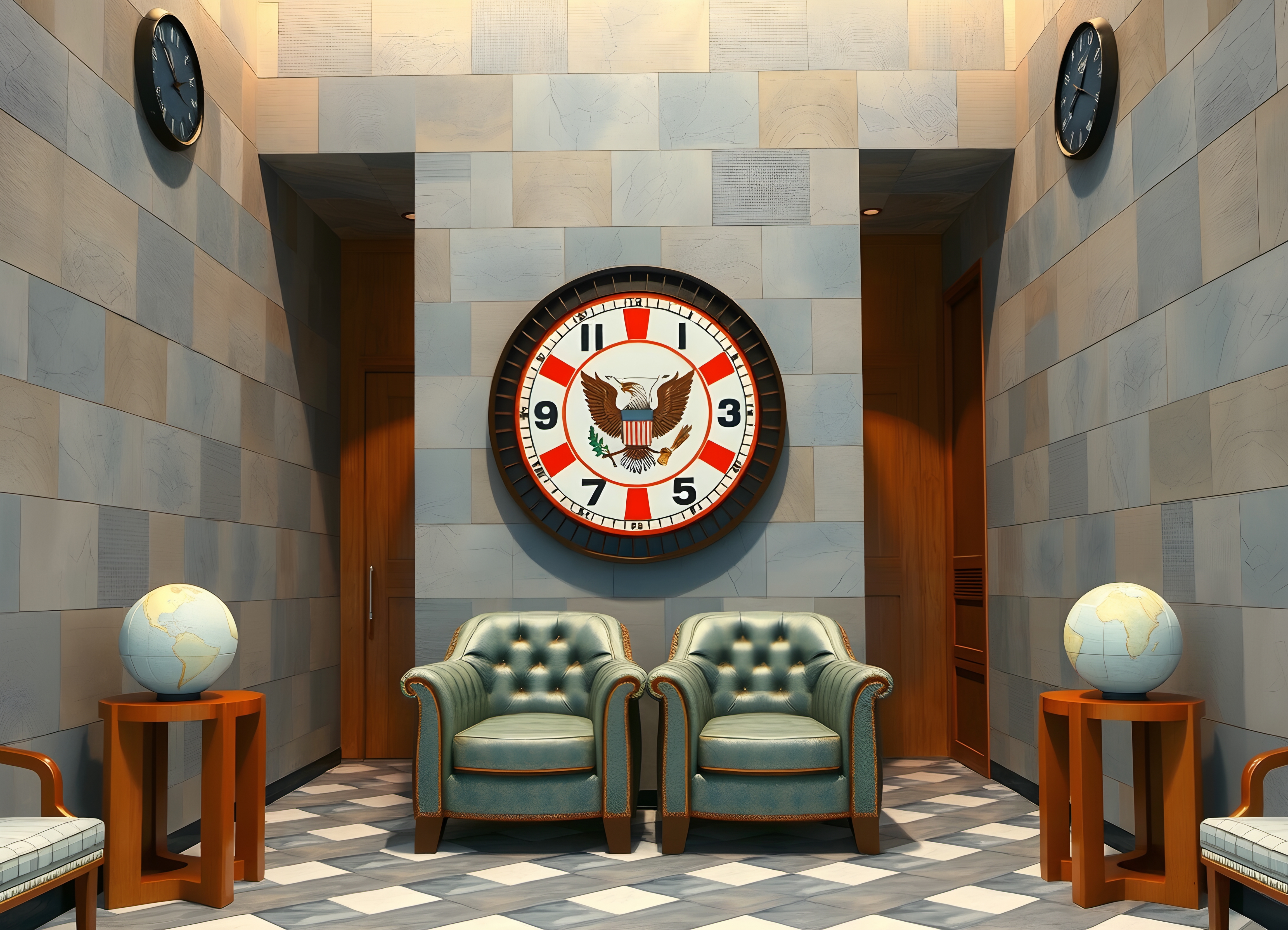 An elegant room with a large clock and armchairs, featuring a governmental emblem.