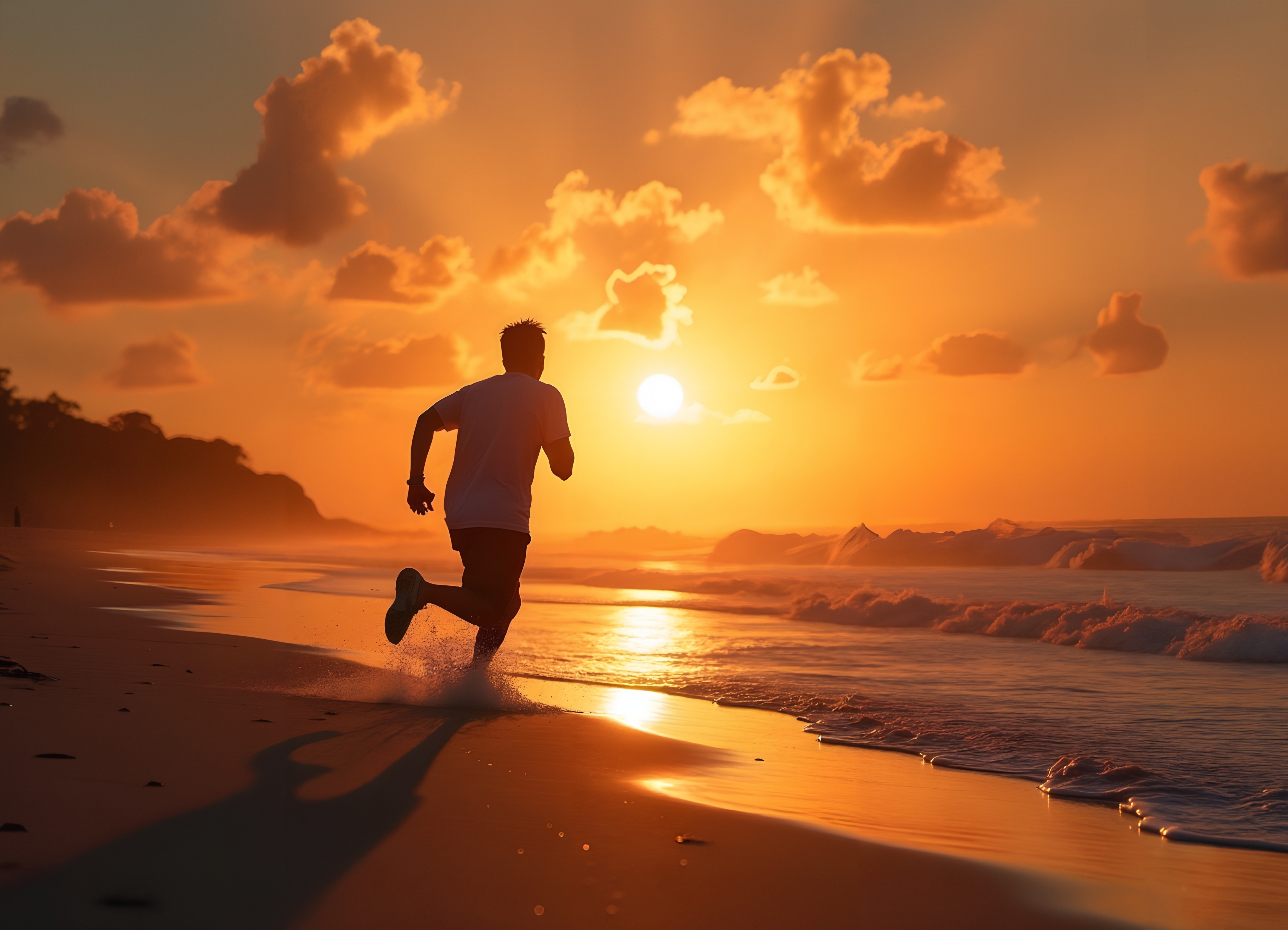 A silhouette of a person running on the beach during a vibrant sunset with waves and clouds in the background.