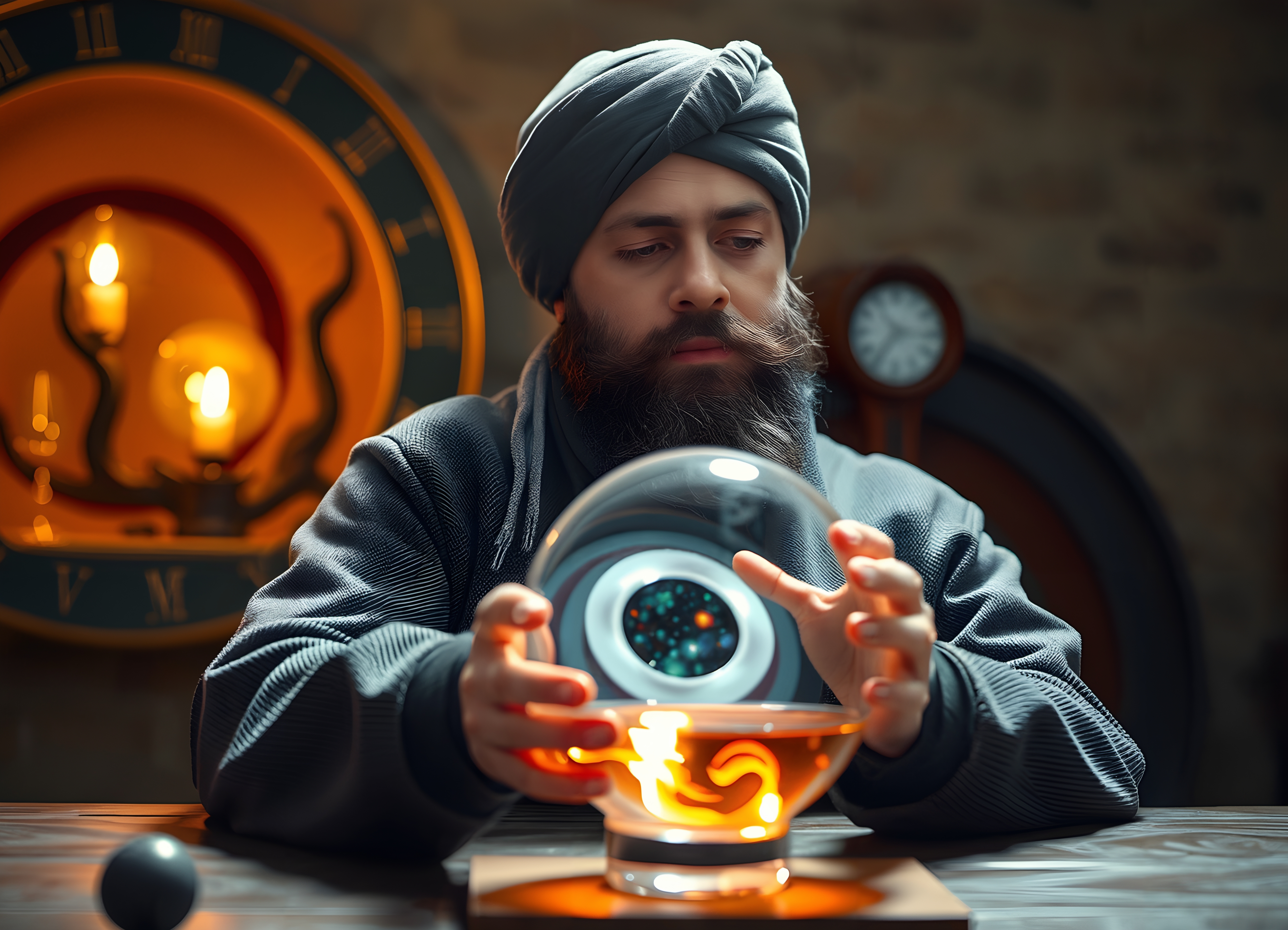 A man in a turban gazes into a glowing crystal ball with swirling galaxy colors, set against a warm, mystical backdrop.