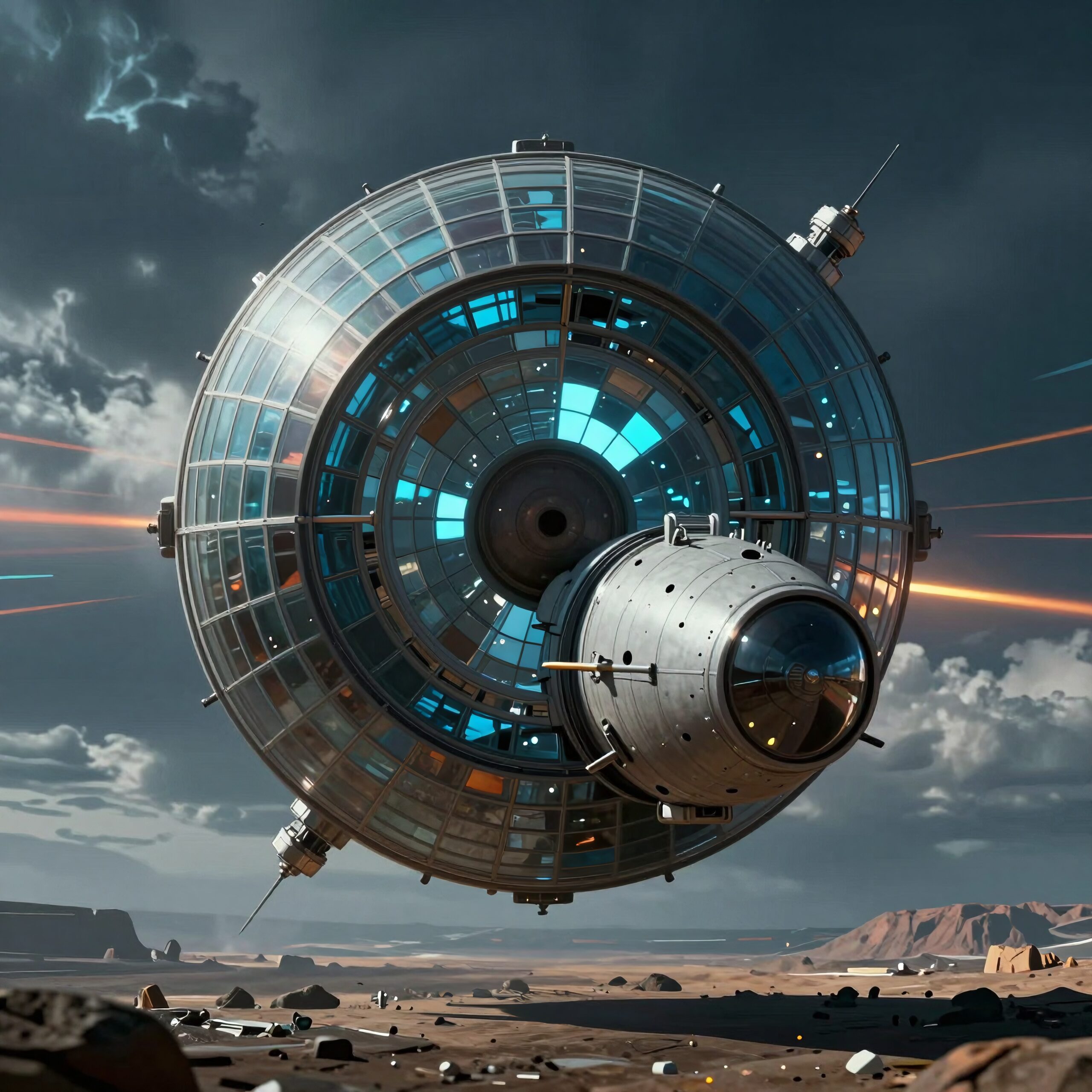 Futuristic spaceship hovering over barren alien desert landscape.