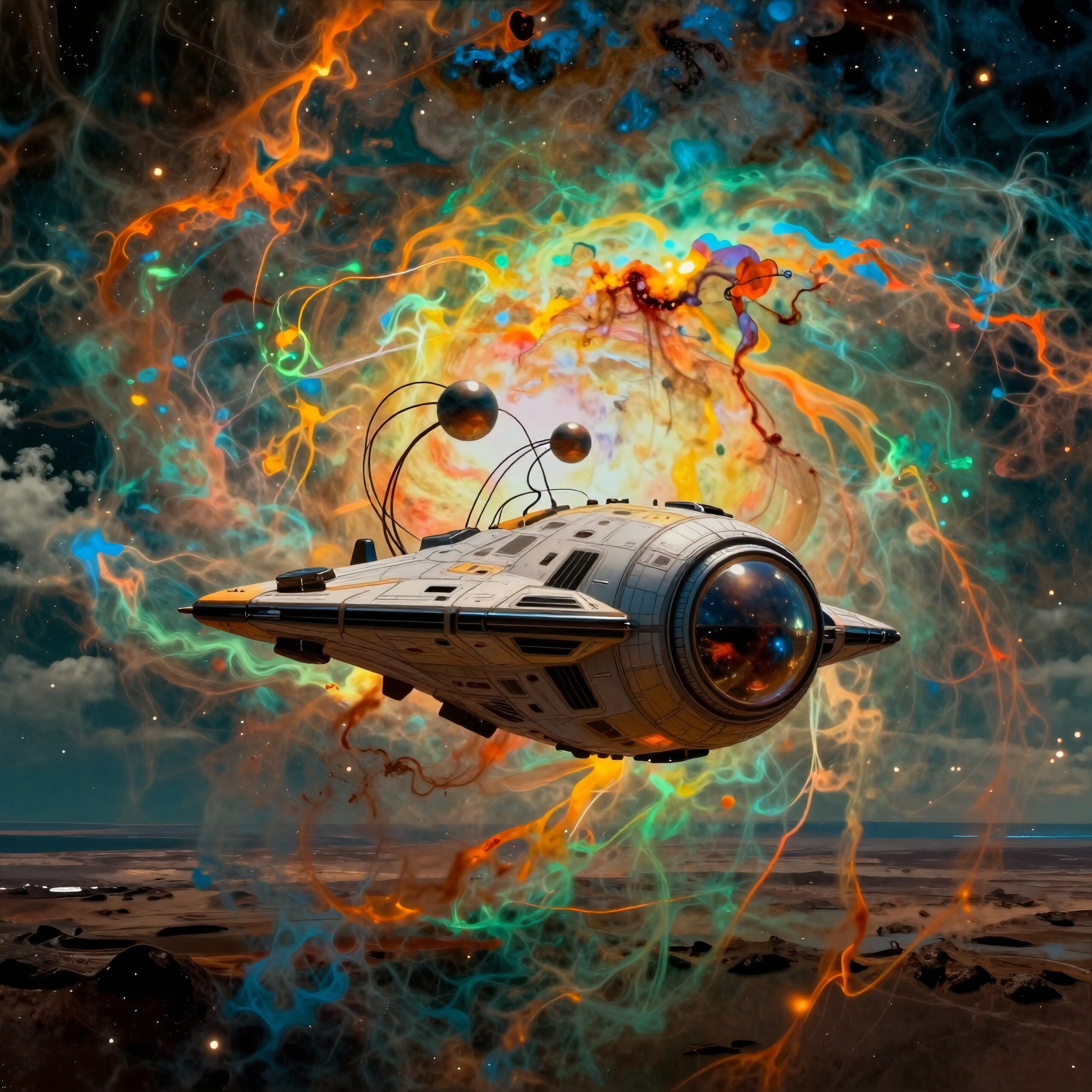 Futuristic spacecraft flying in colorful cosmic nebula.