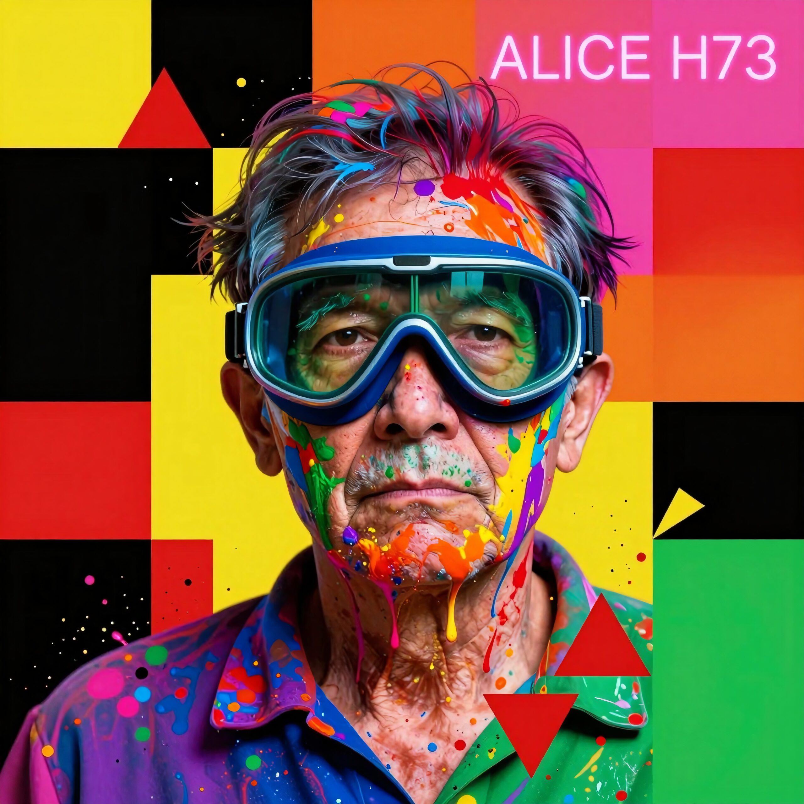 Elderly man with colorful paint-splattered face and geometric background, wearing goggles, expressing creativity.