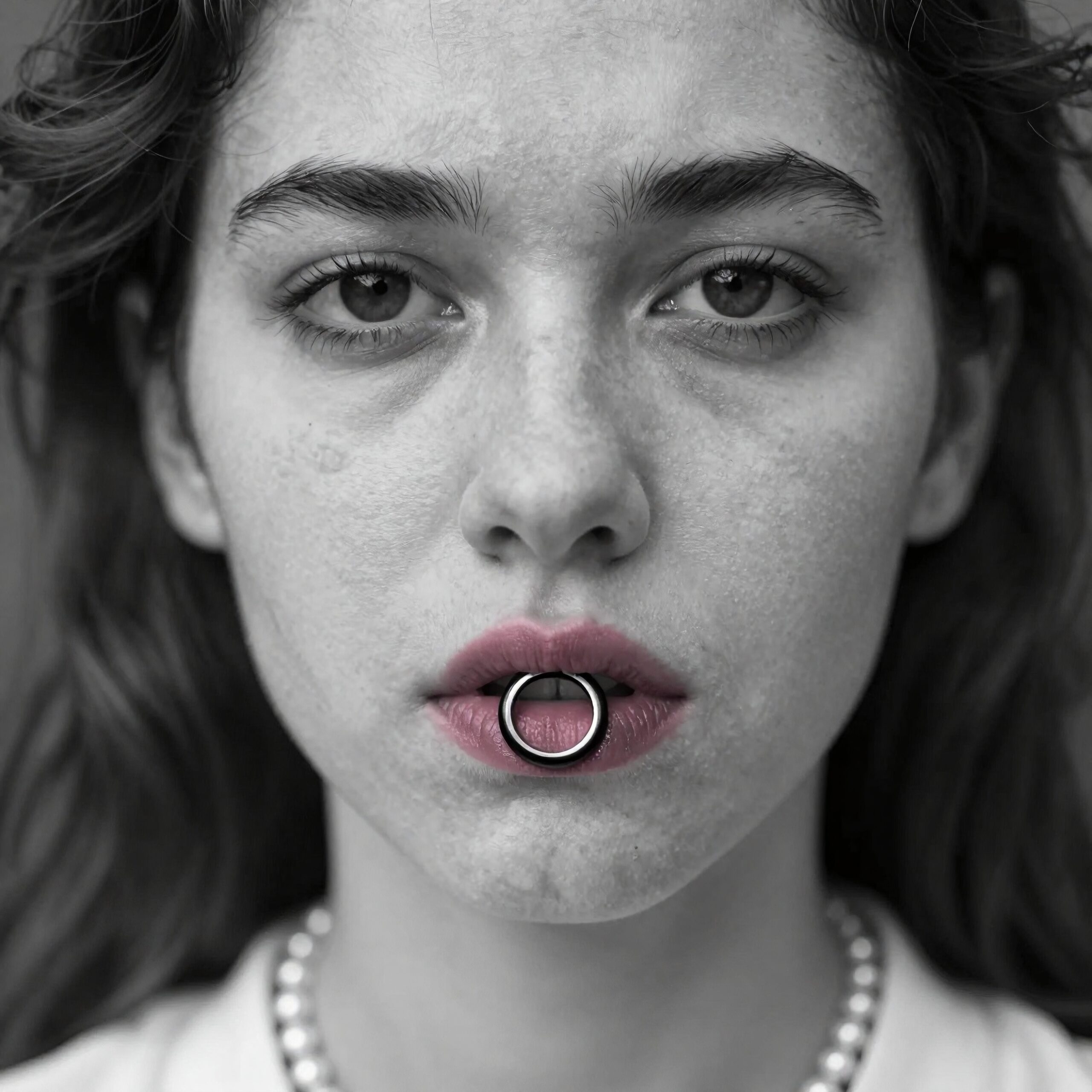Close-up monochrome portrait with lip ring.