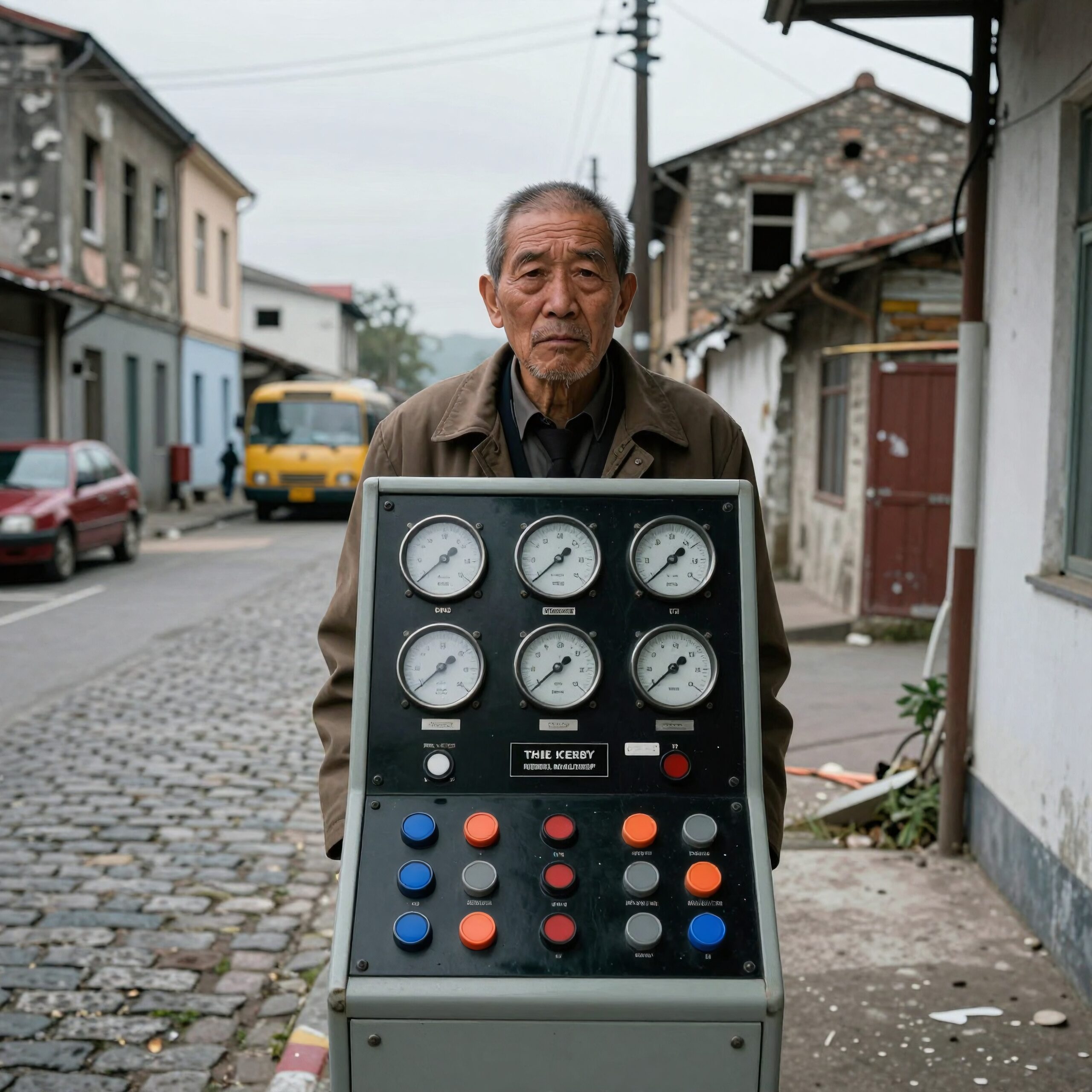 Elderly man holding an industrial control panel outside on a cobblestone street.