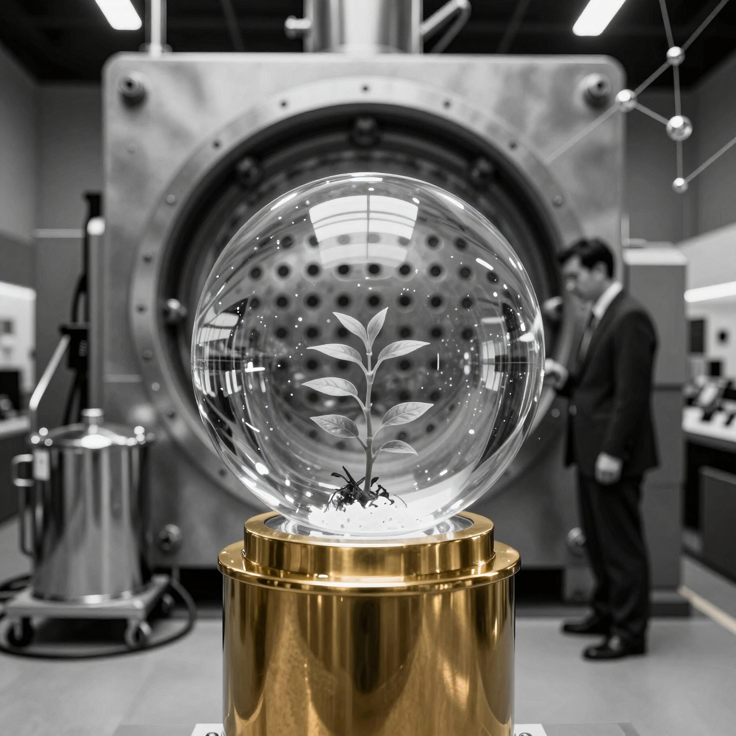 A plant in a glass dome on a golden base inside a futuristic laboratory.