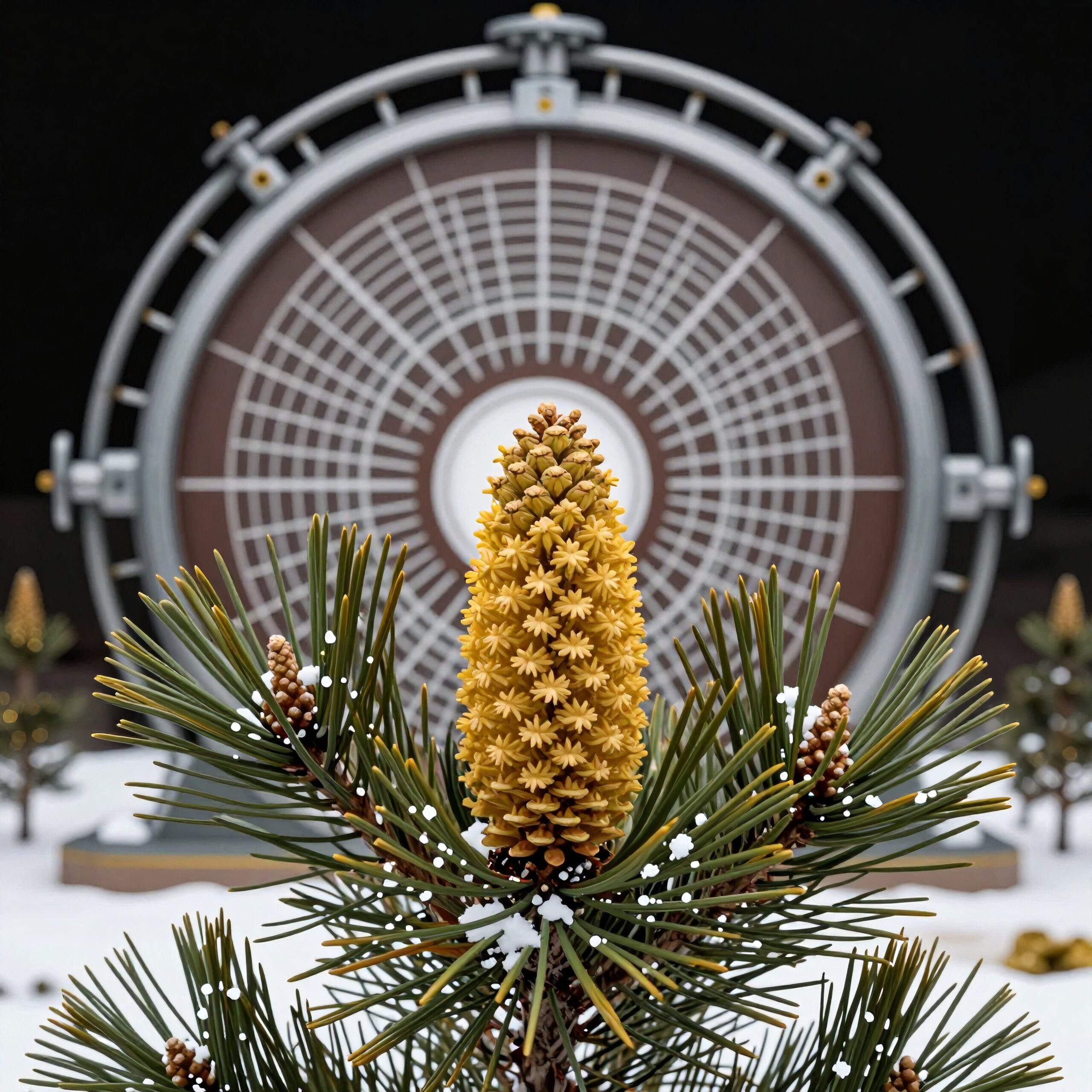Close-up of a detailed pine cone with a snowy backdrop and a large circular structure in the background.