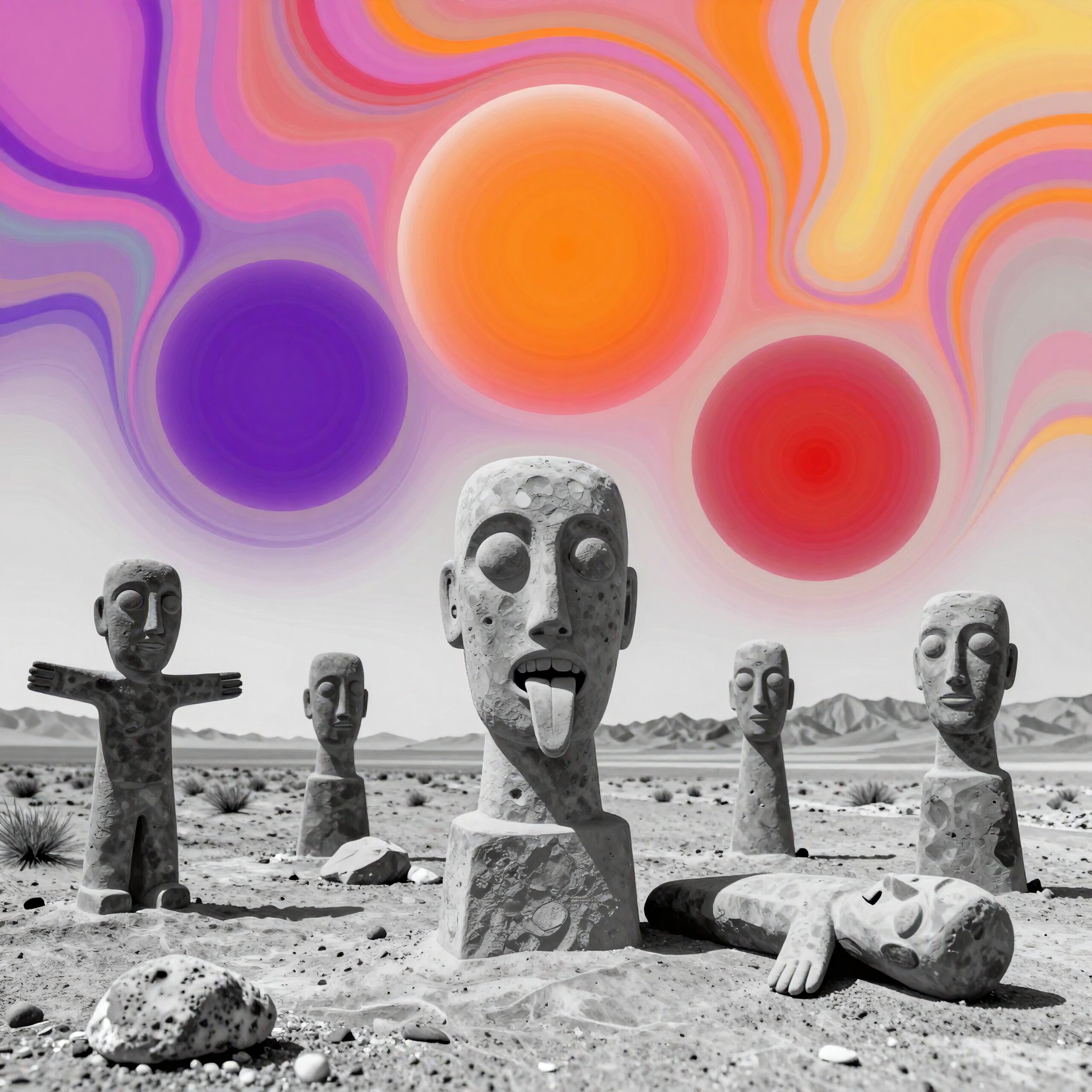 Stone-like sculptures in a desert landscape beneath a vibrant, psychedelic sky with colorful swirls.