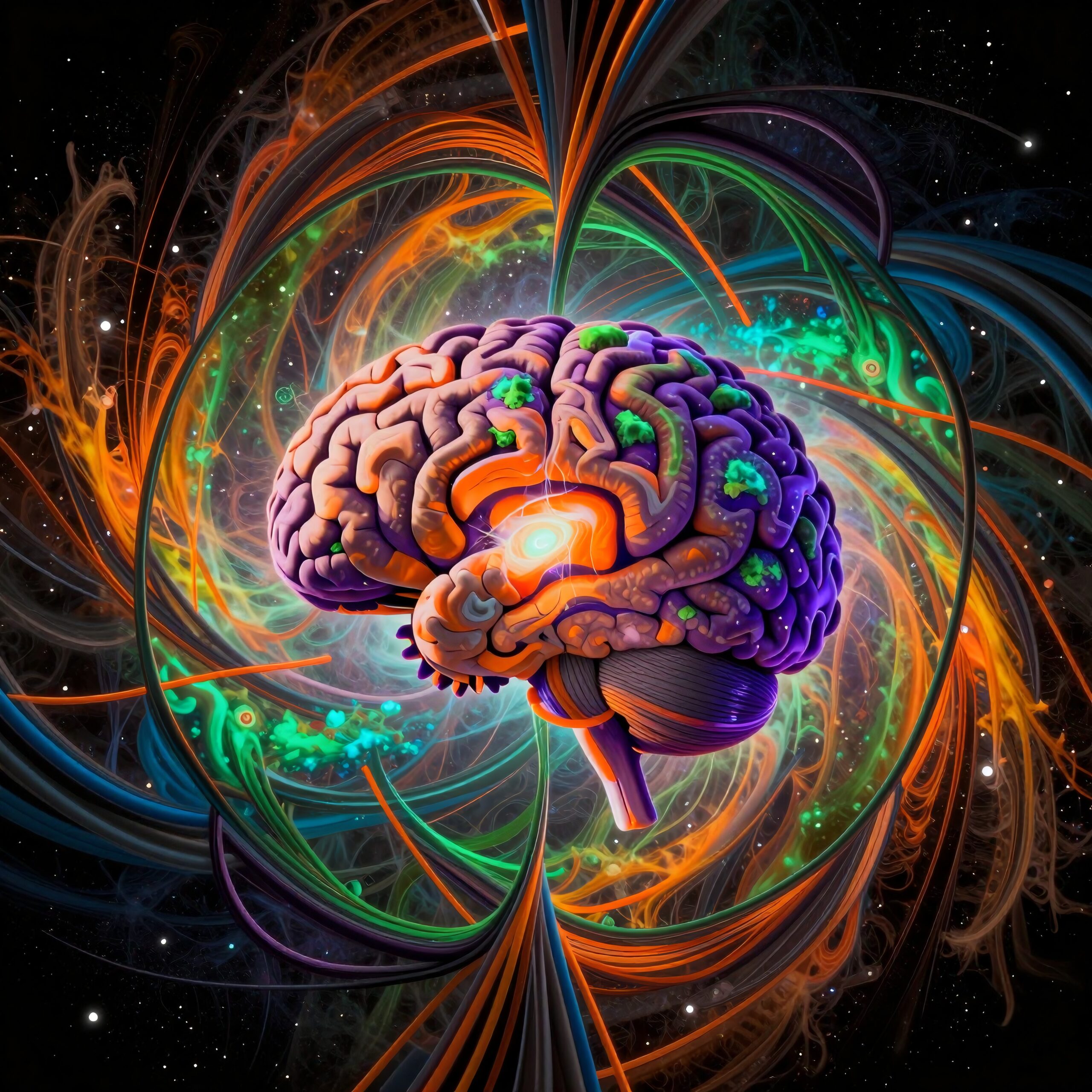 A vibrant artistic depiction of a human brain amidst swirling cosmic energy and stars, illustrating creativity and consciousness.