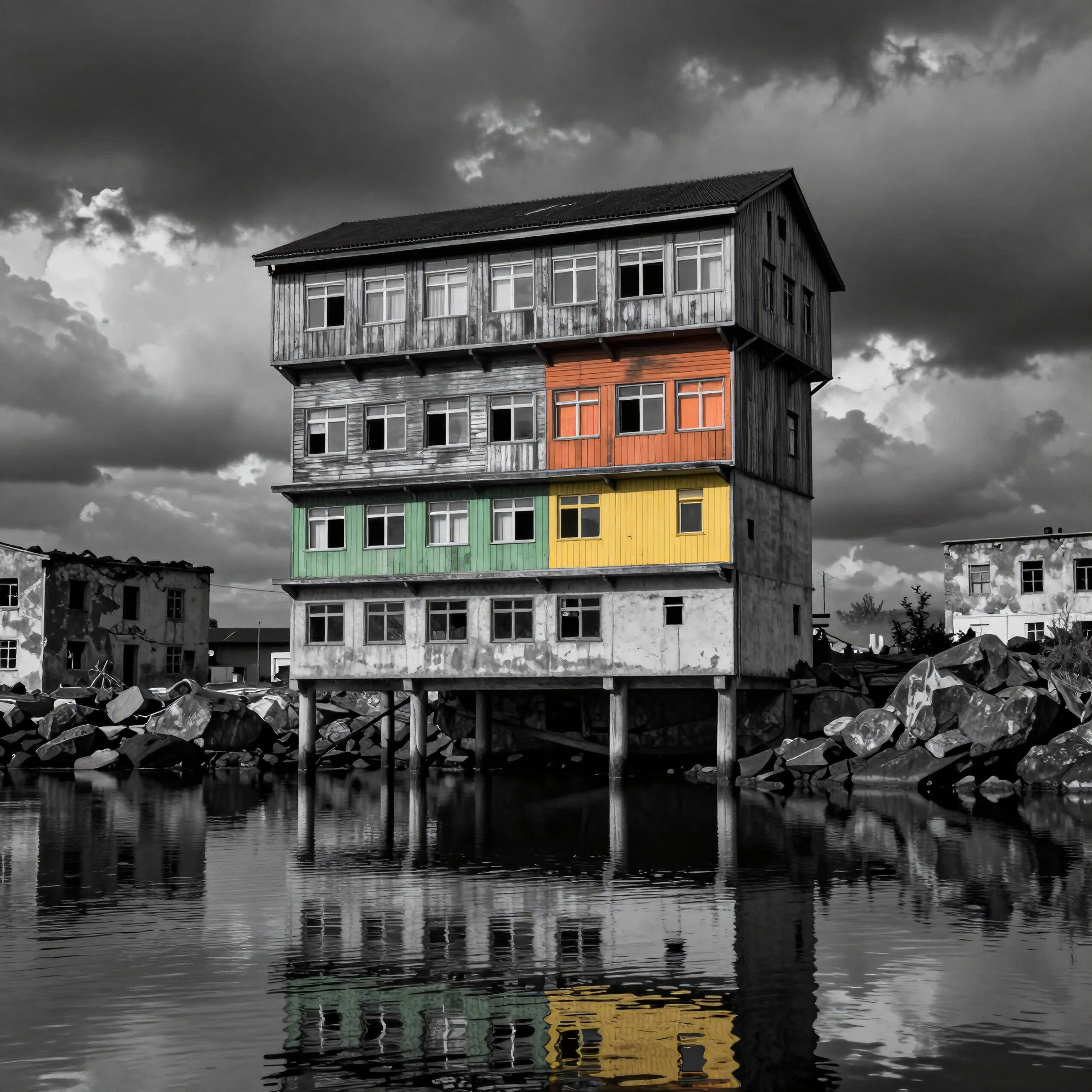 Colorful stilt house reflected in water against dramatic cloudy sky.