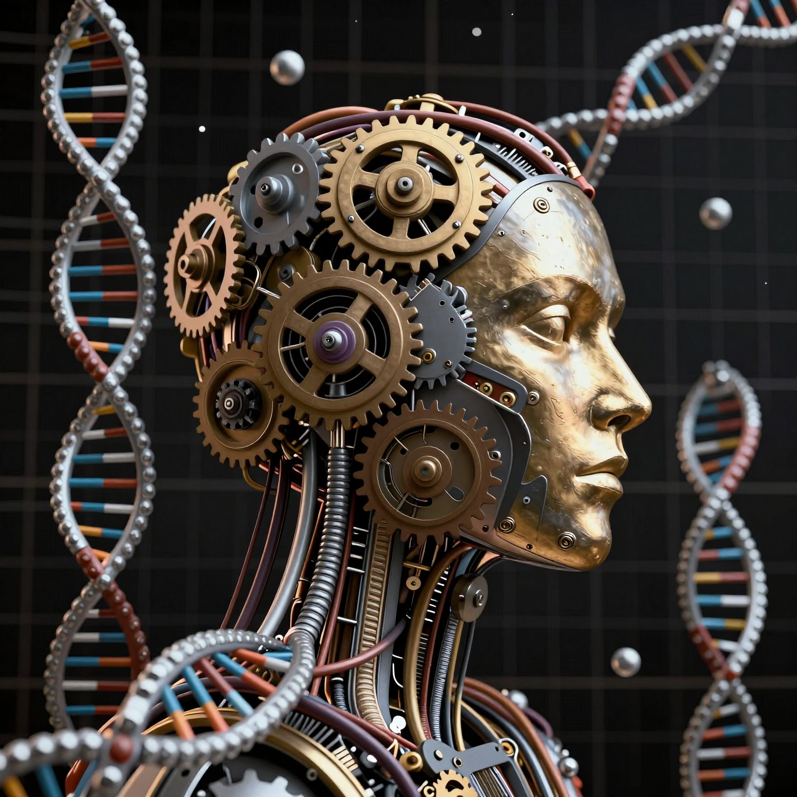 A detailed rendering of a futuristic, mechanical humanoid with DNA strands in the background, symbolizing the fusion of biotechnology and artificial intelligence.