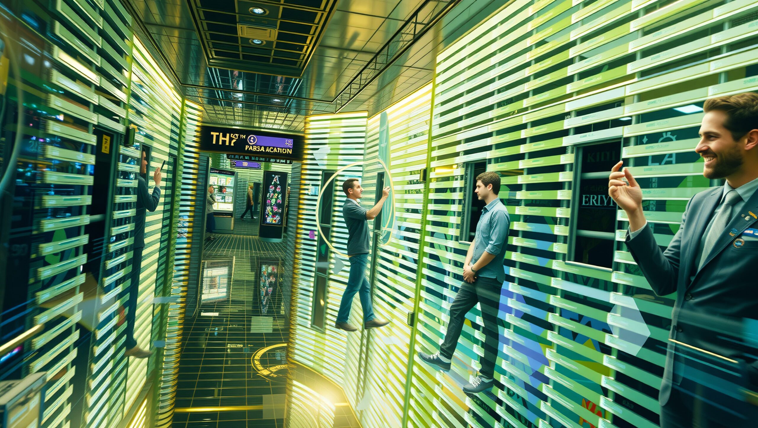Futuristic tech hallway with digital interactive displays and green lighting ambiance.