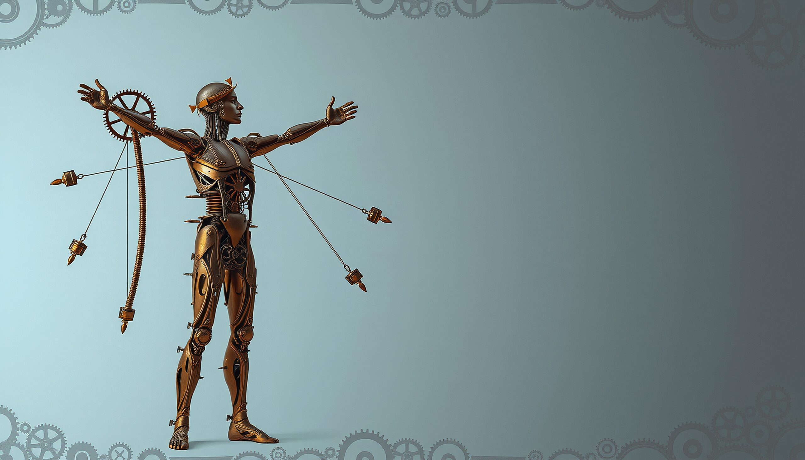 Mechanical humanoid with steampunk design elements.