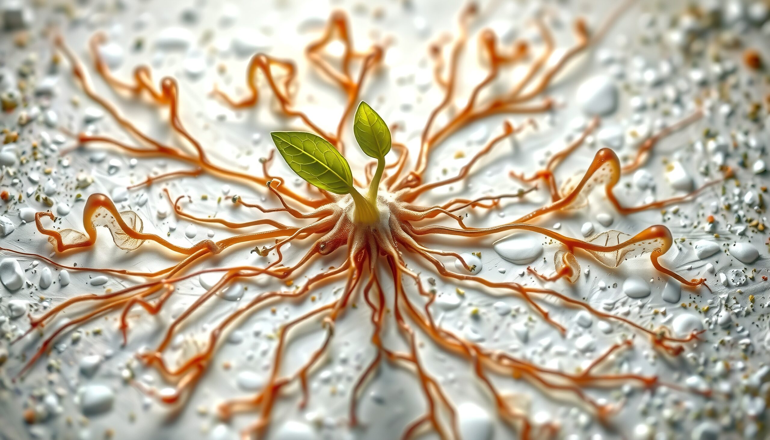 A vivid depiction of growth with orange tendrils and fresh leaves on a pebbled surface.