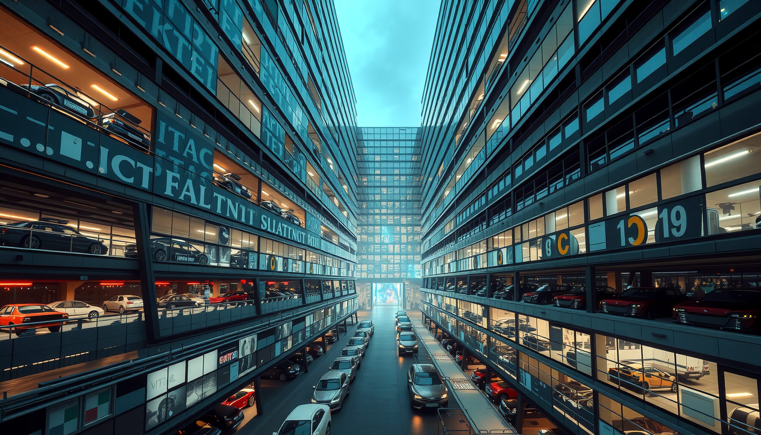 Futuristic multi-story parking structure with cars and glass.