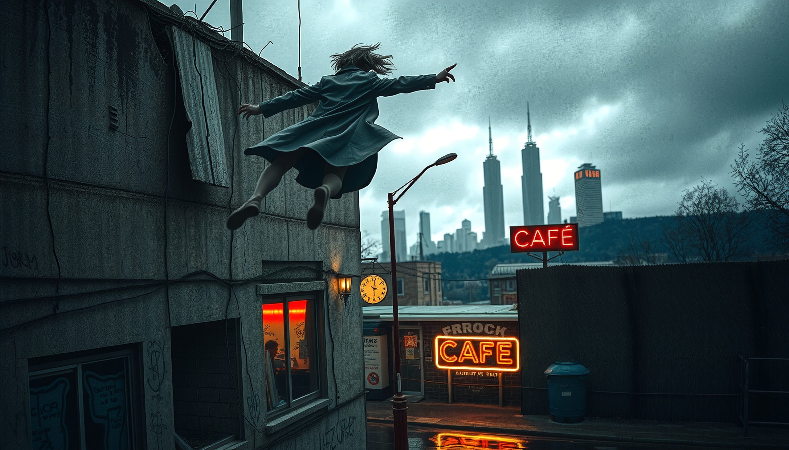 A person dramatically leaps into a moody urban skyline with a neon café sign.