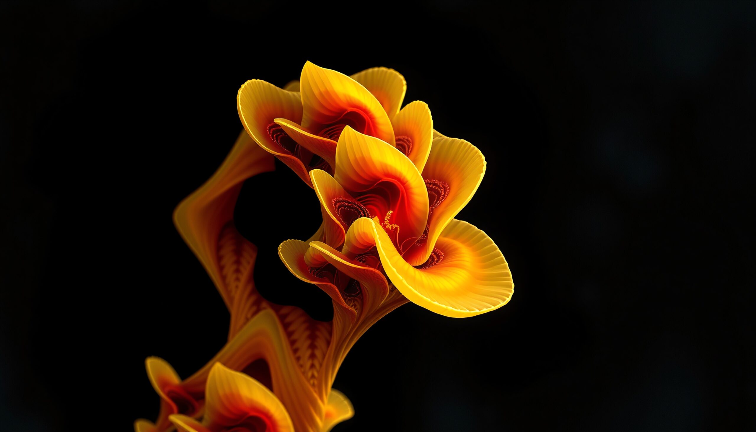 Digital artwork of a vivid abstract flower sculpture with intricate folds on a black background.