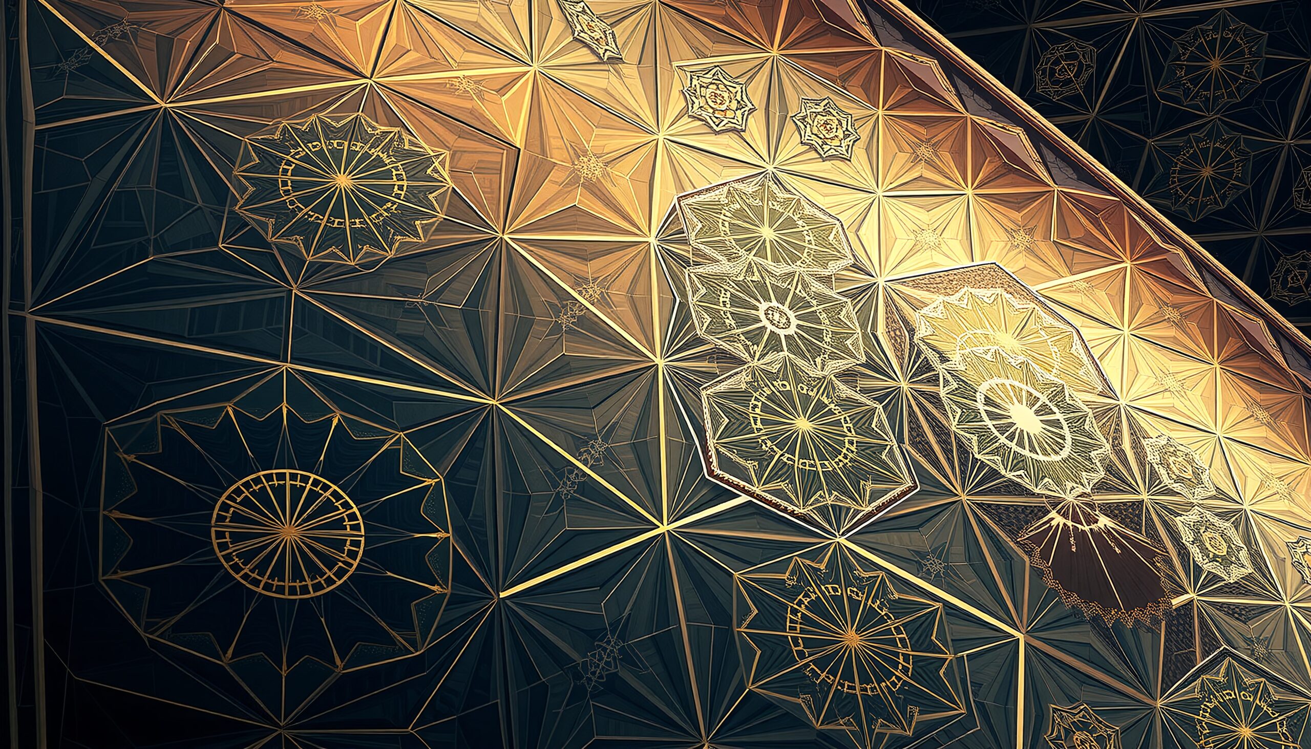 Intricate geometric pattern with illuminated gold and black star designs.