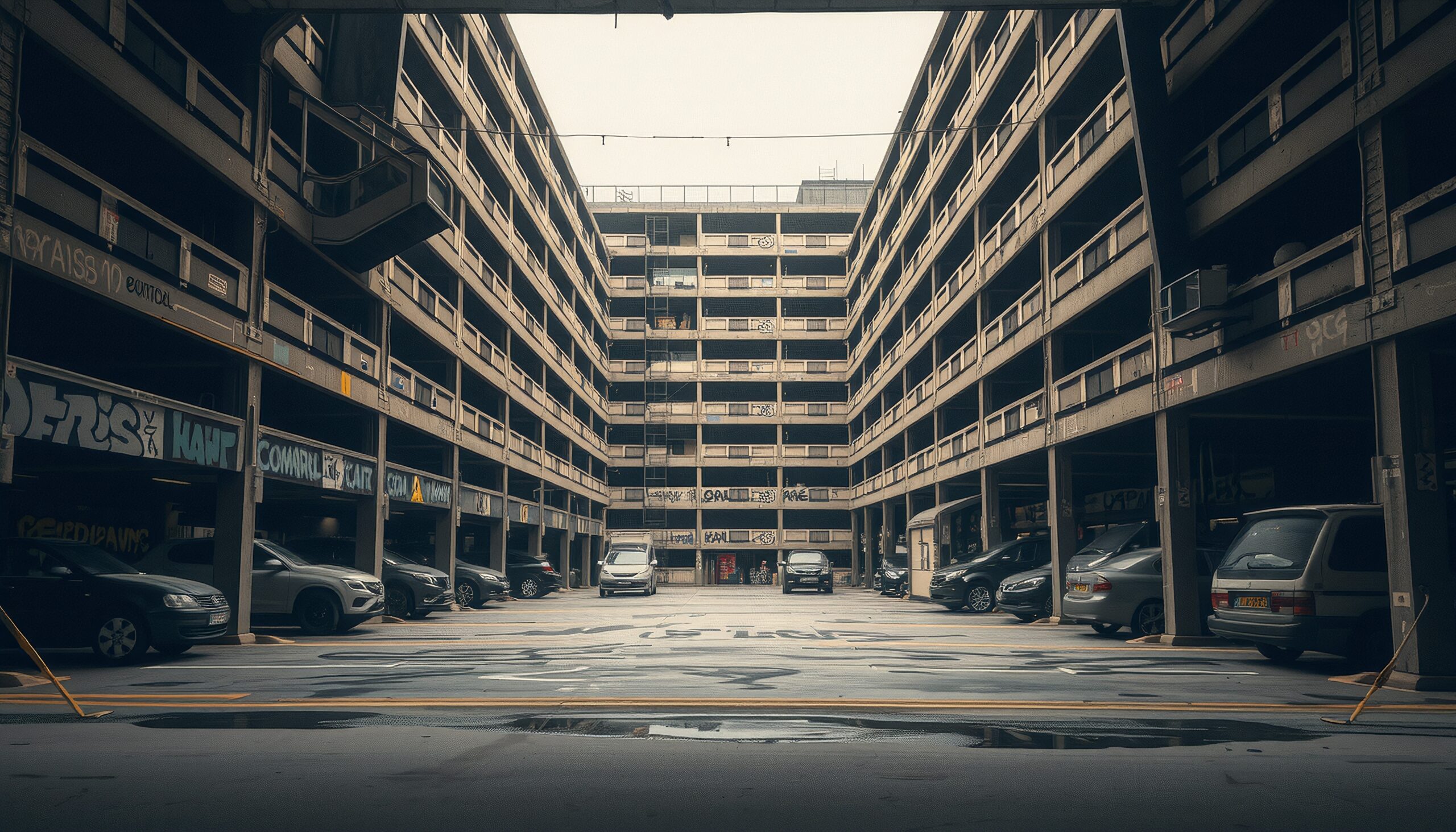Multilevel concrete parking garage with graffiti and parked cars in an urban setting.