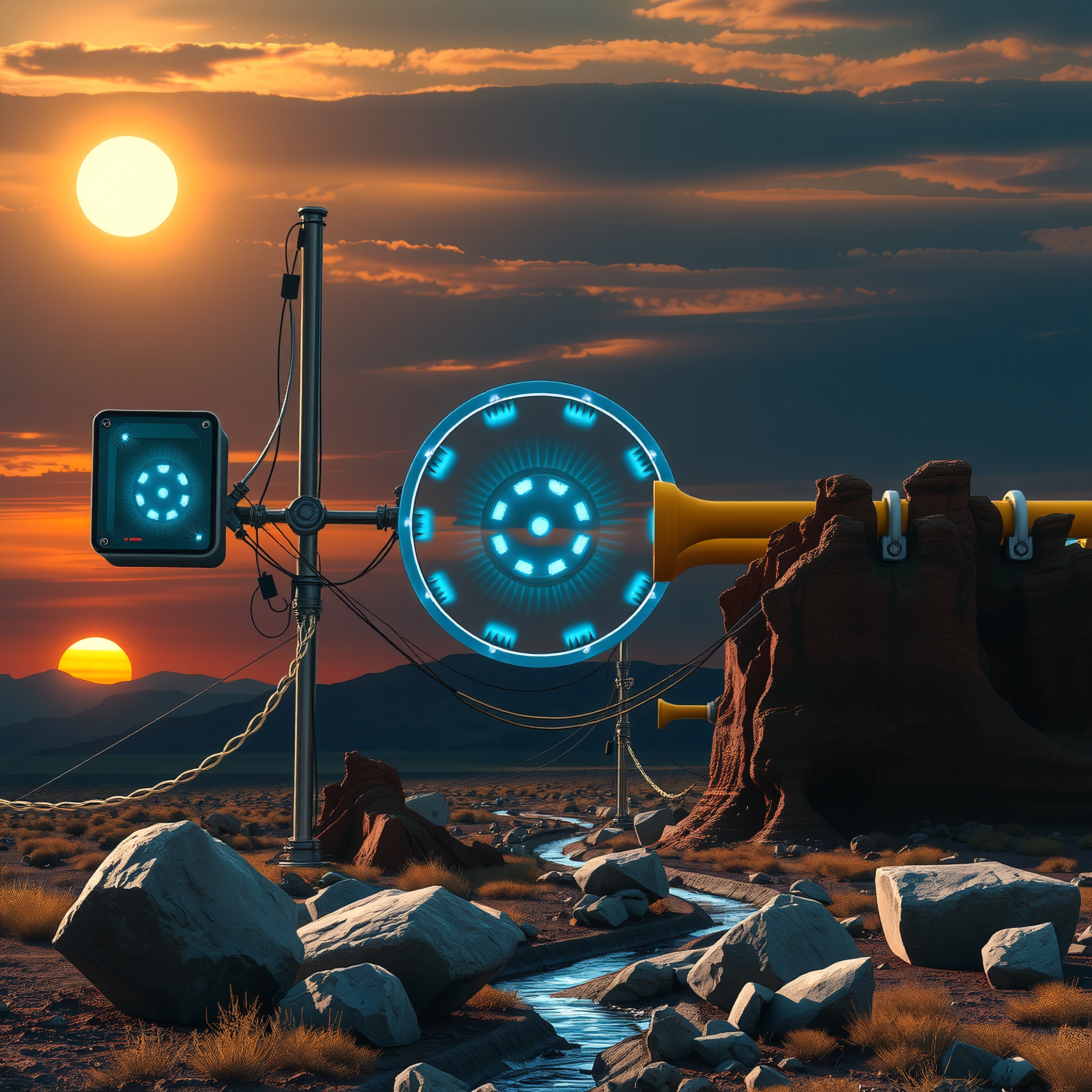 Futuristic apparatus and sunset in desert landscape.