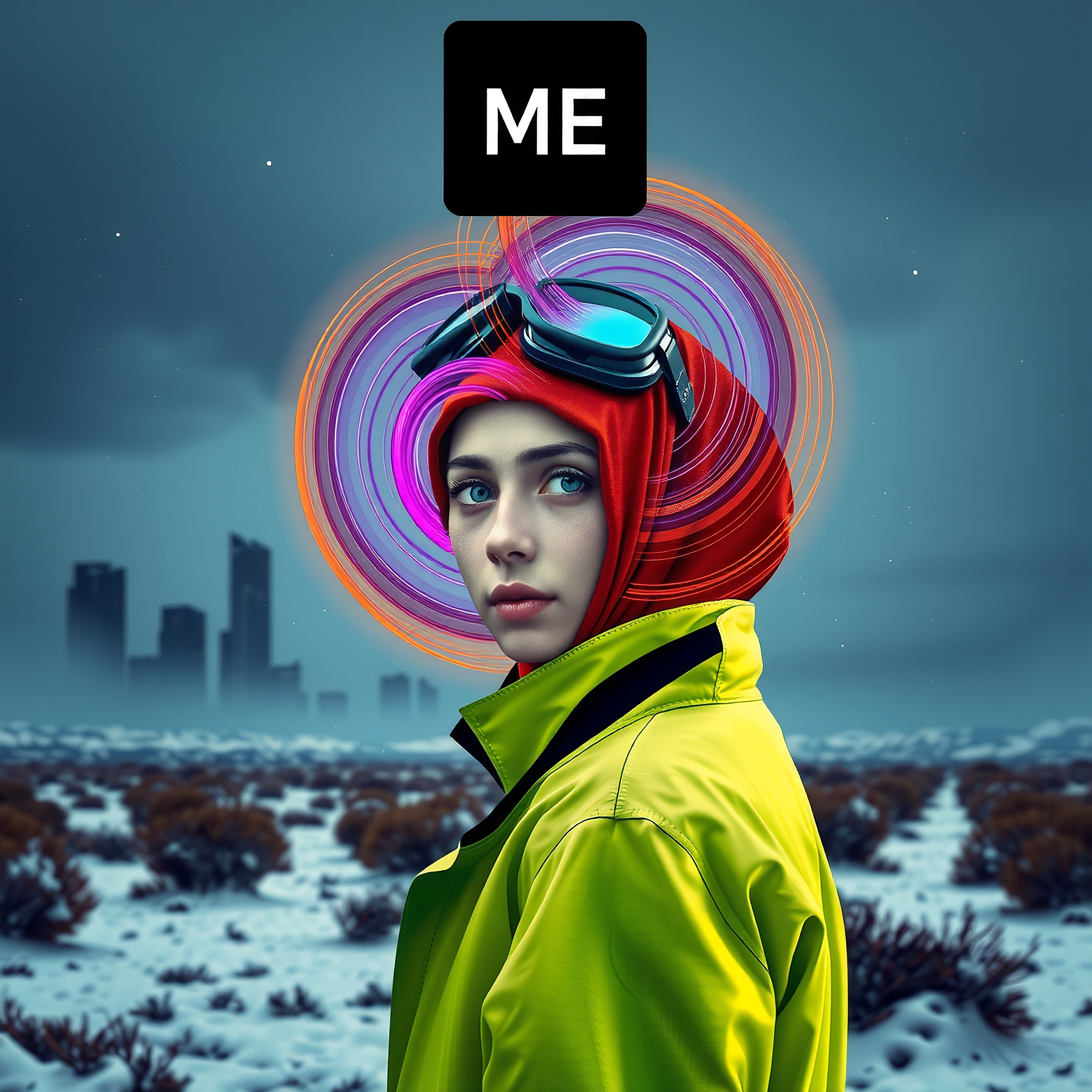 A woman in a vibrant green jacket with a red headscarf and neon elements stands in a snowy landscape with a distant city skyline.