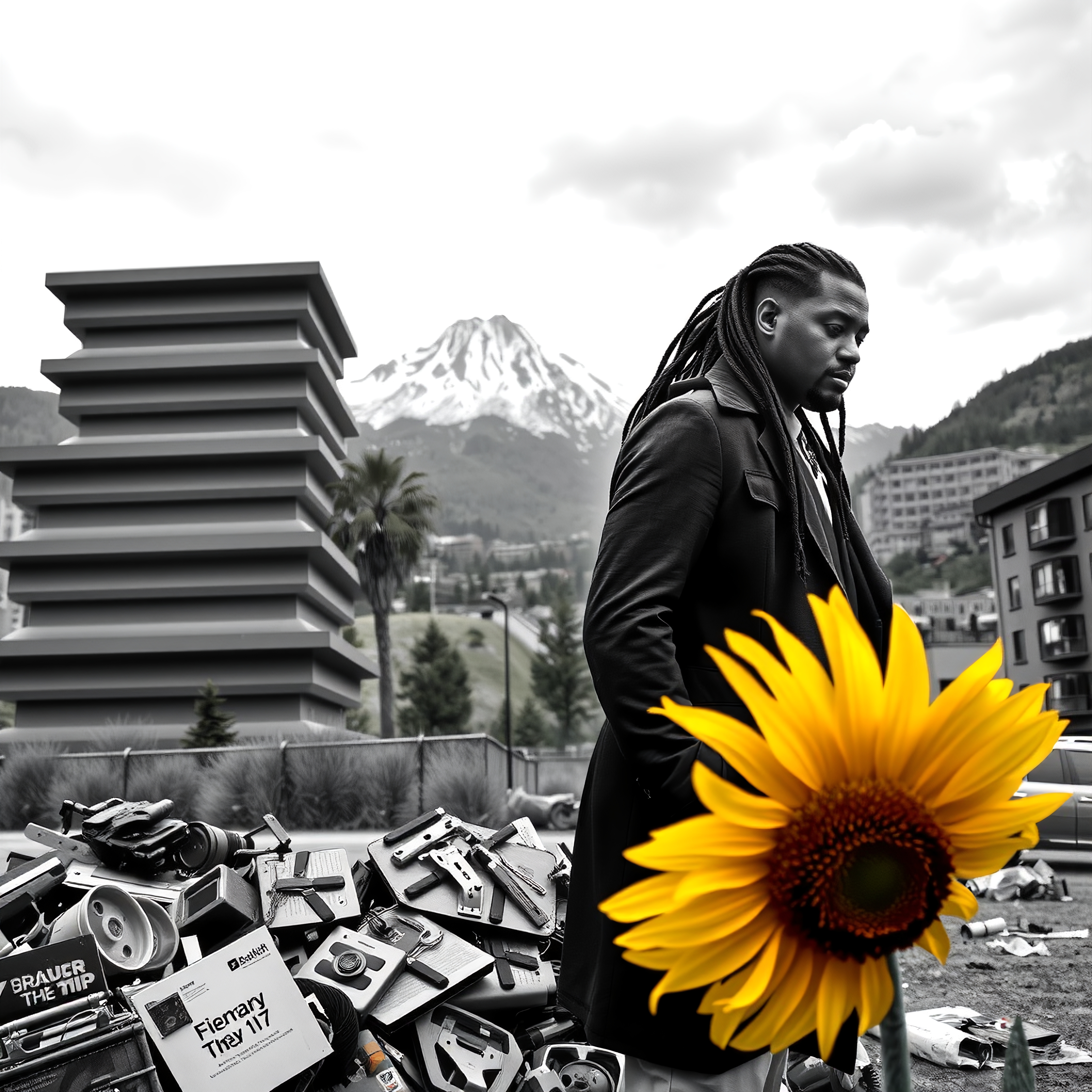 Man in urban setting with sunflower.