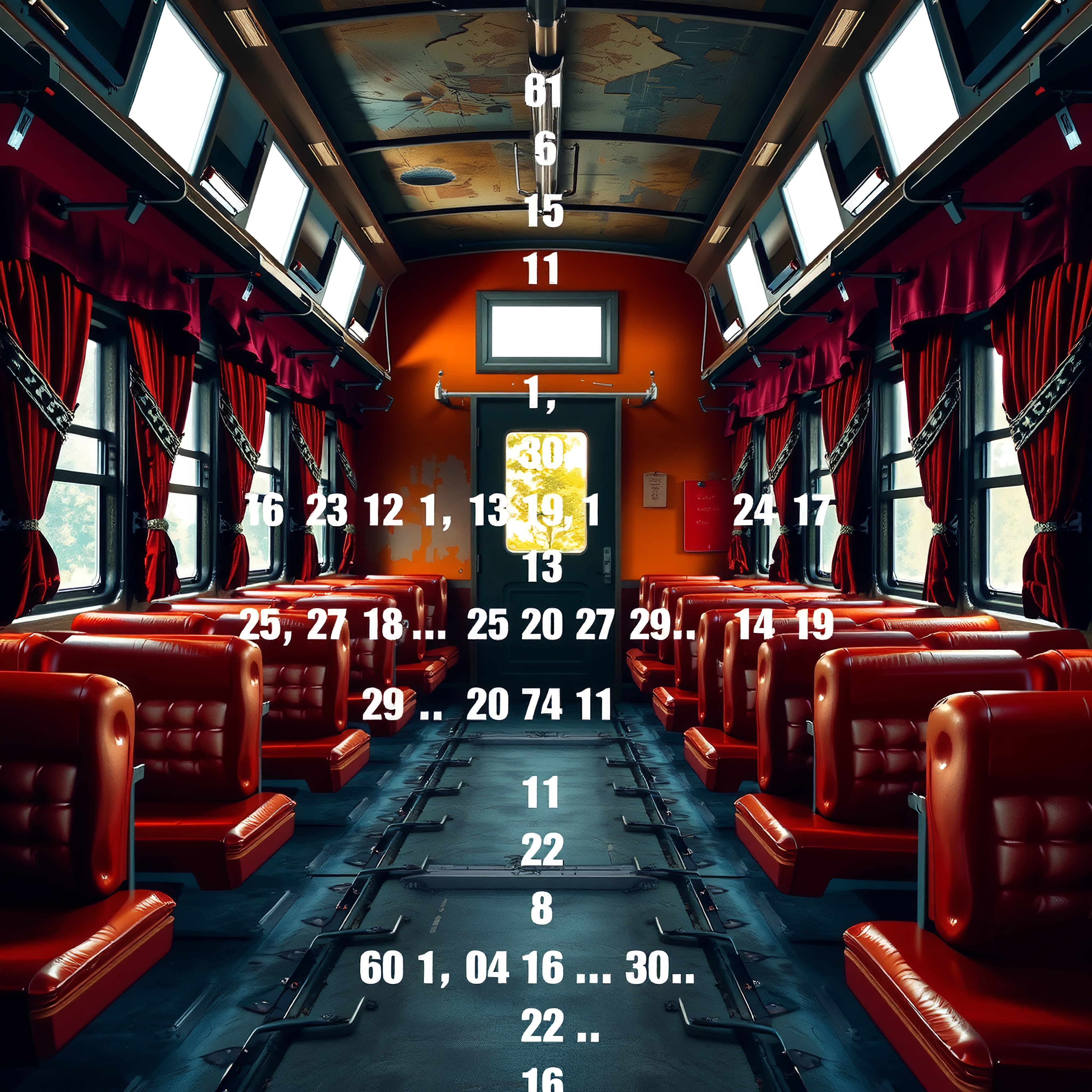 A vintage train interior with red seats, velvet curtains, and mysterious numbers scattered throughout.