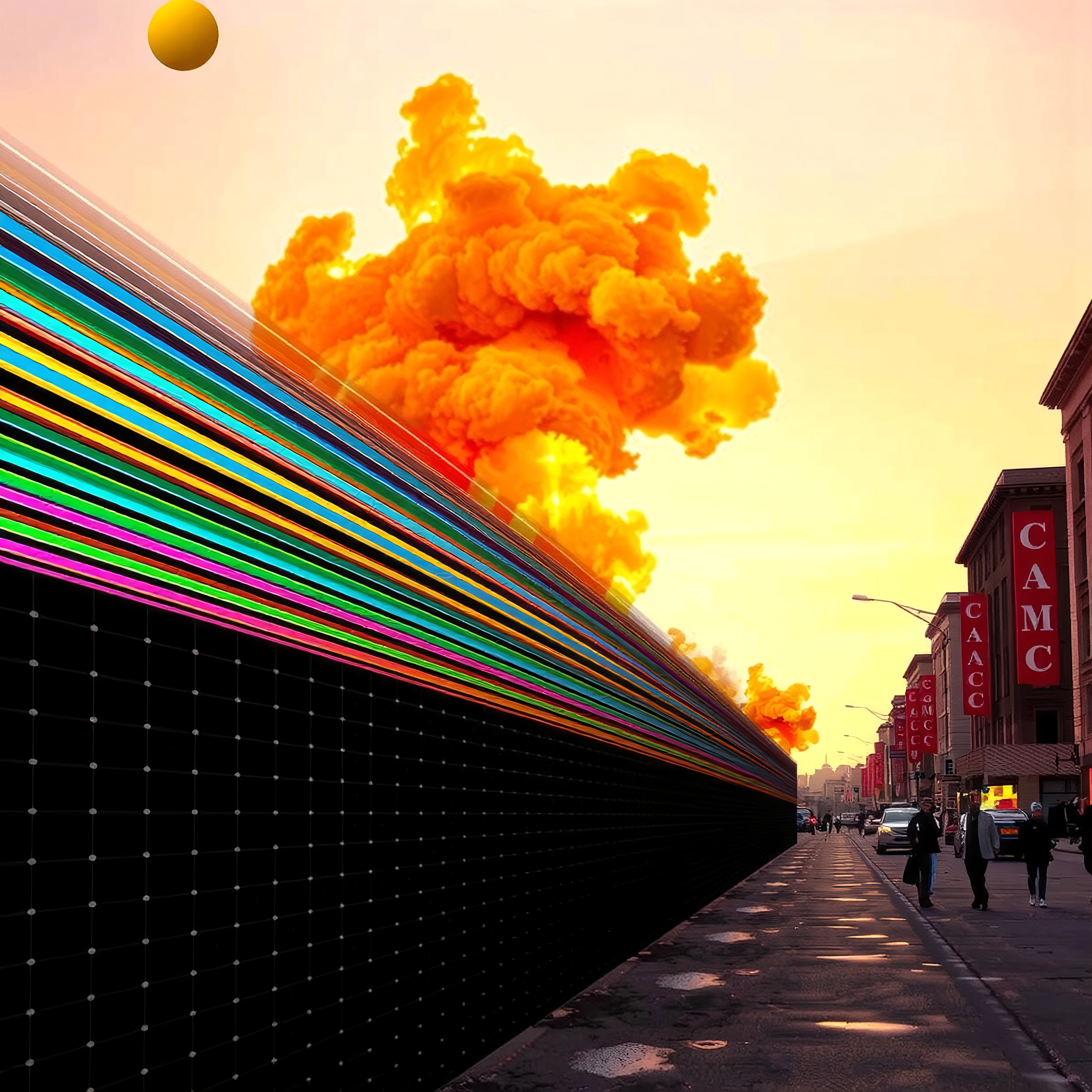 Colorful digital lines meet urban street scene with orange cloud.