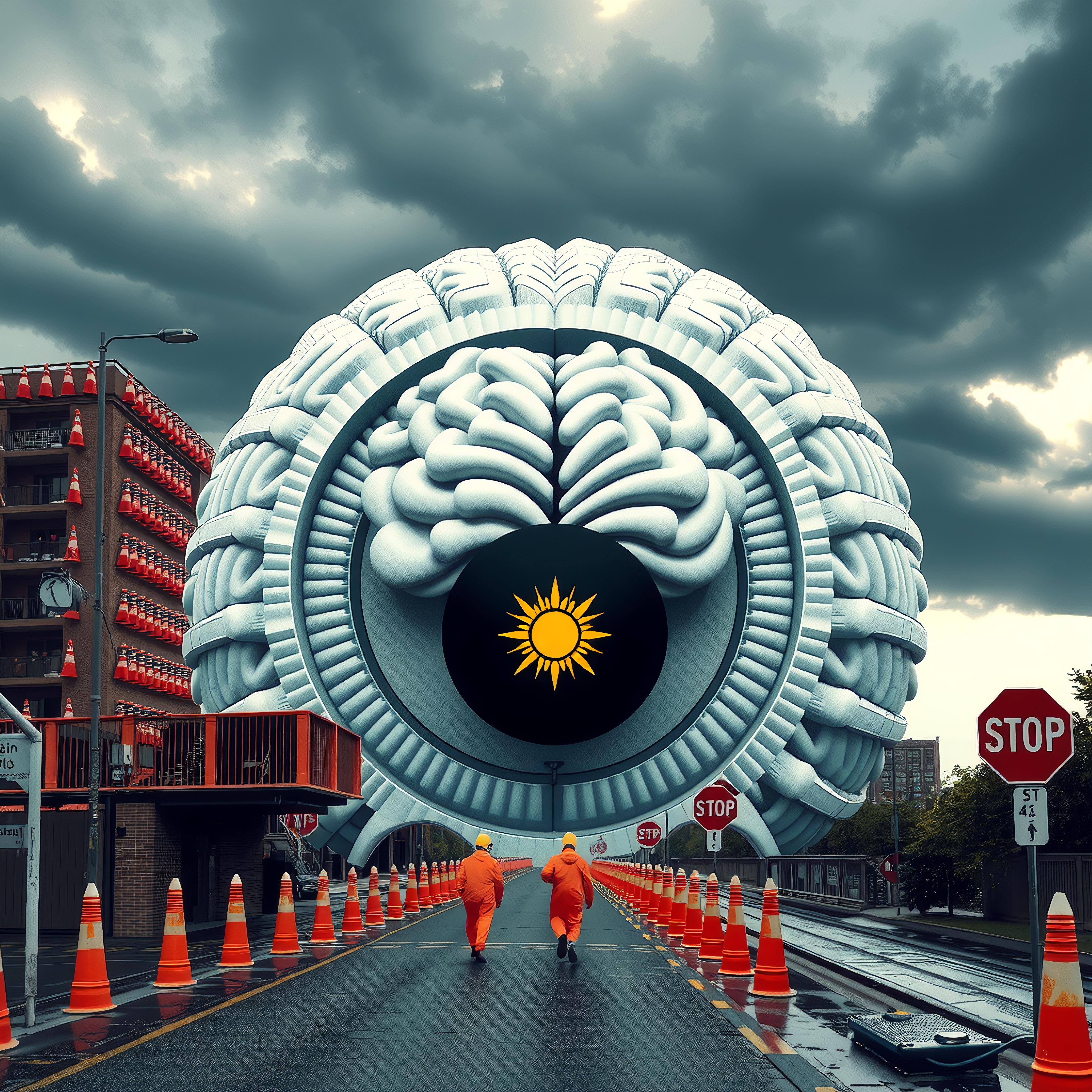 Surreal structure resembling a giant eye with a brain, set in a futuristic urban landscape with dramatic clouds and vibrant orange accents.