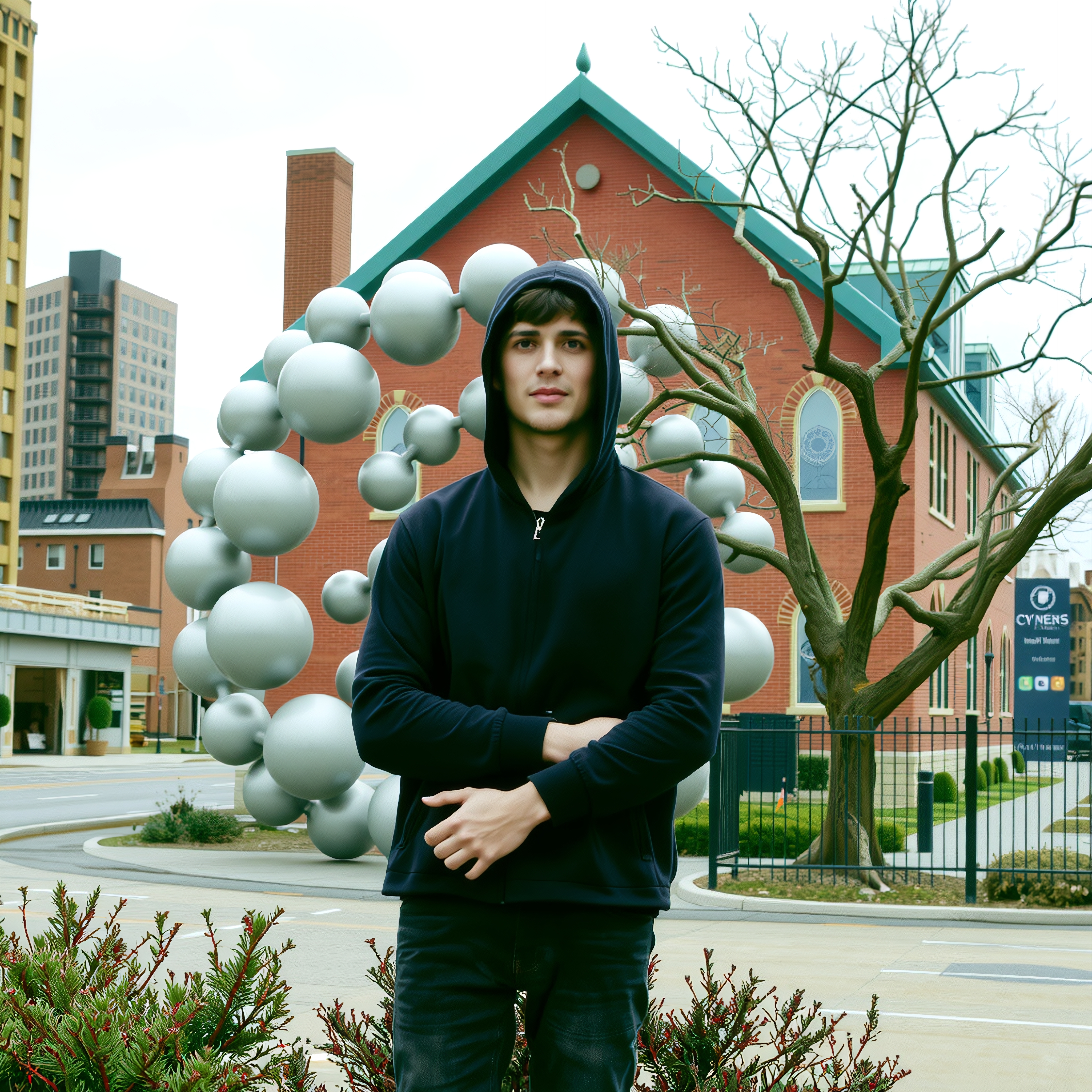 A young man in a navy hoodie stands in front of a city sculpture and brick building, capturing urban sophistication.