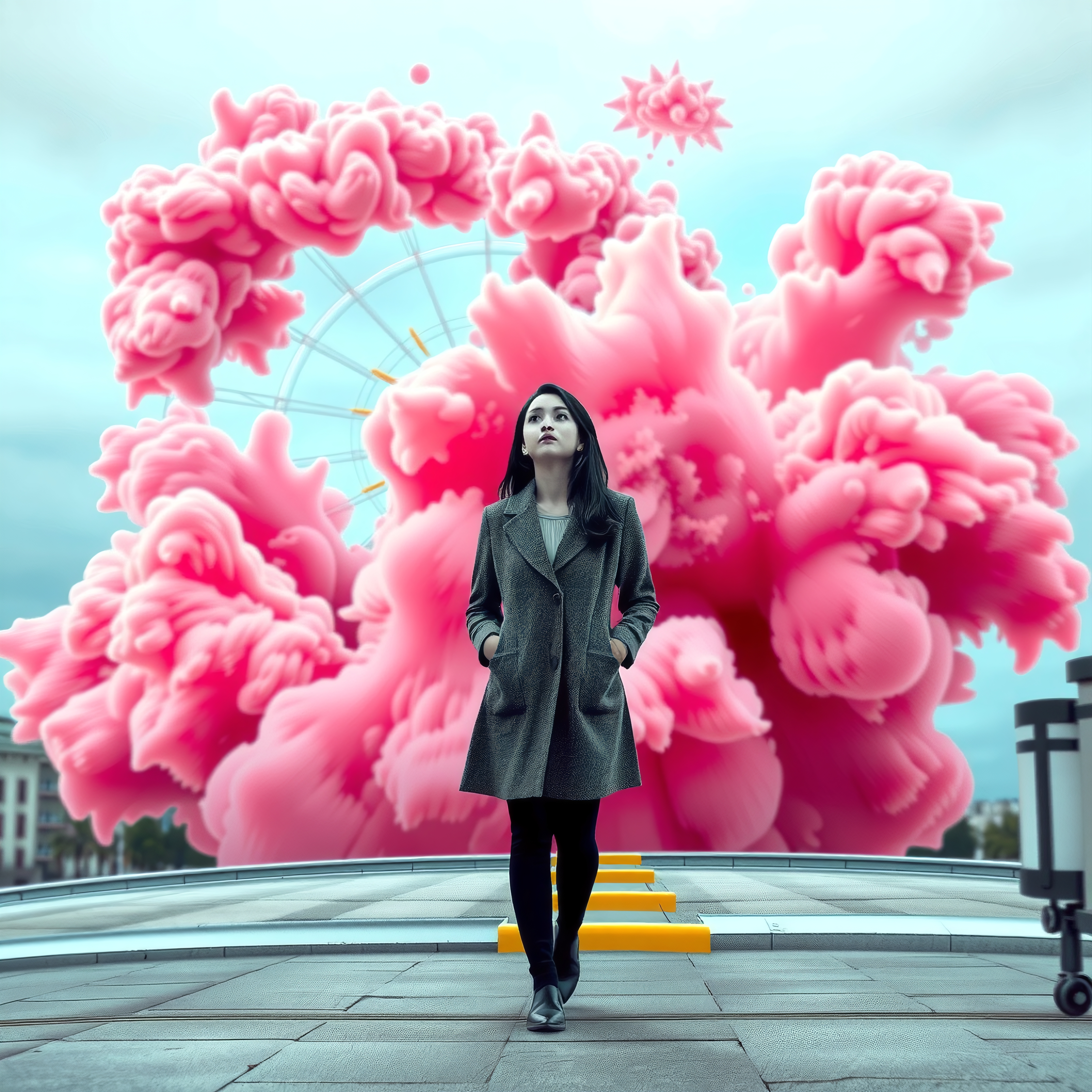 Woman in coat with surreal pink cloud background.