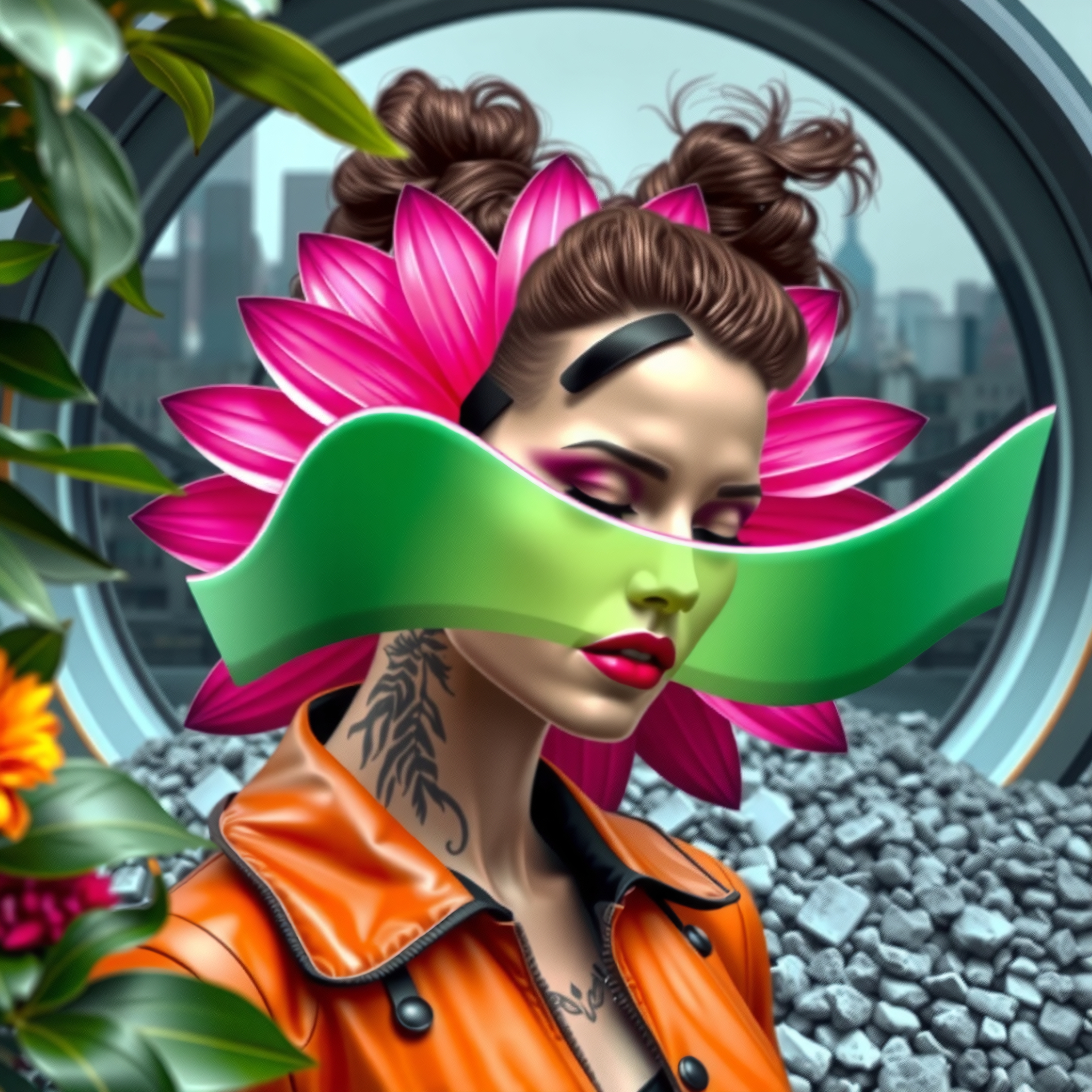 Portrait of a woman with floral and futuristic elements against an urban backdrop.